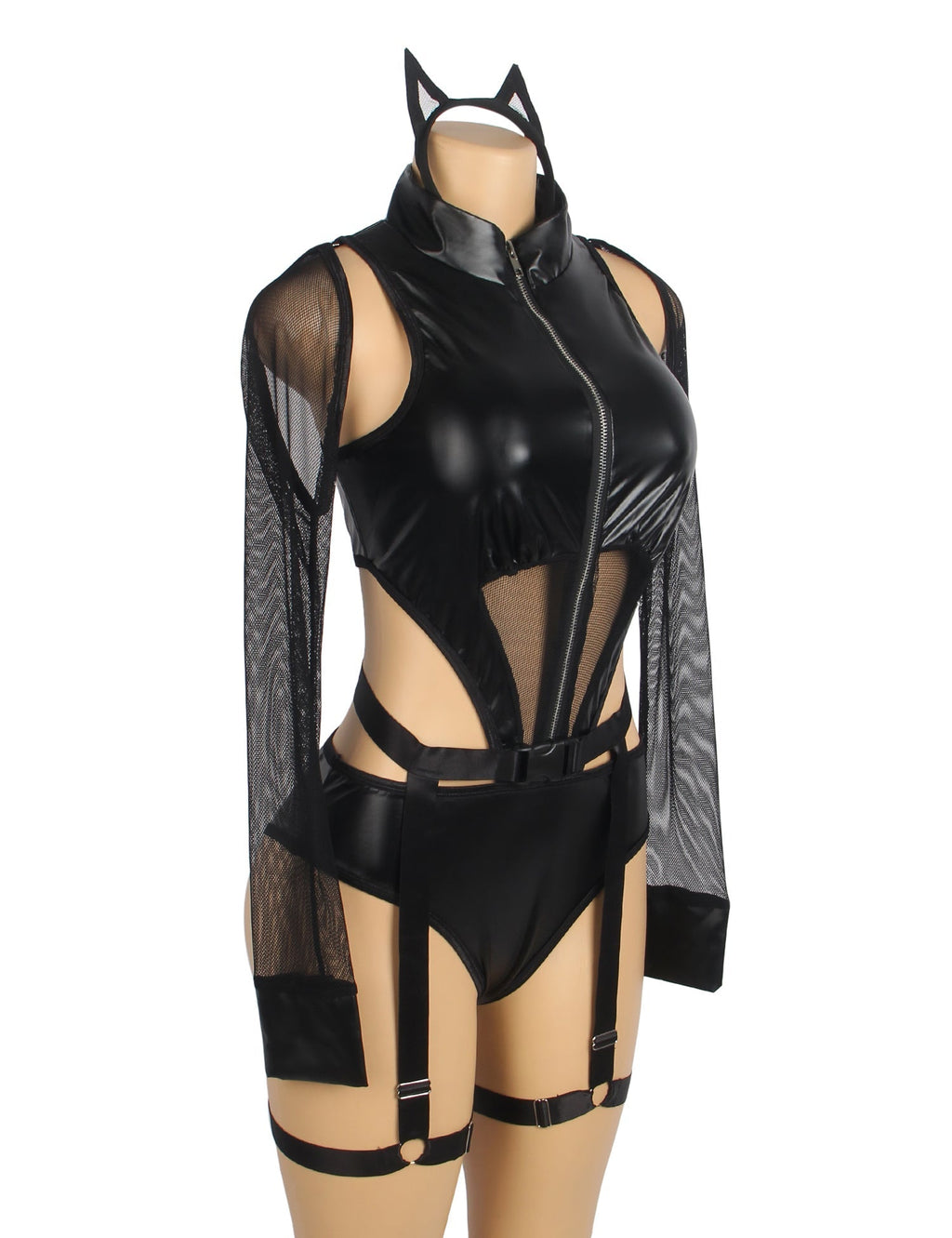 Black PU Leather Magic Bodysuit – Mesh Splicing, Front Zipper, Hollow Back, Removable Sleeves, Leg Rings & Headband - TeaseFashion