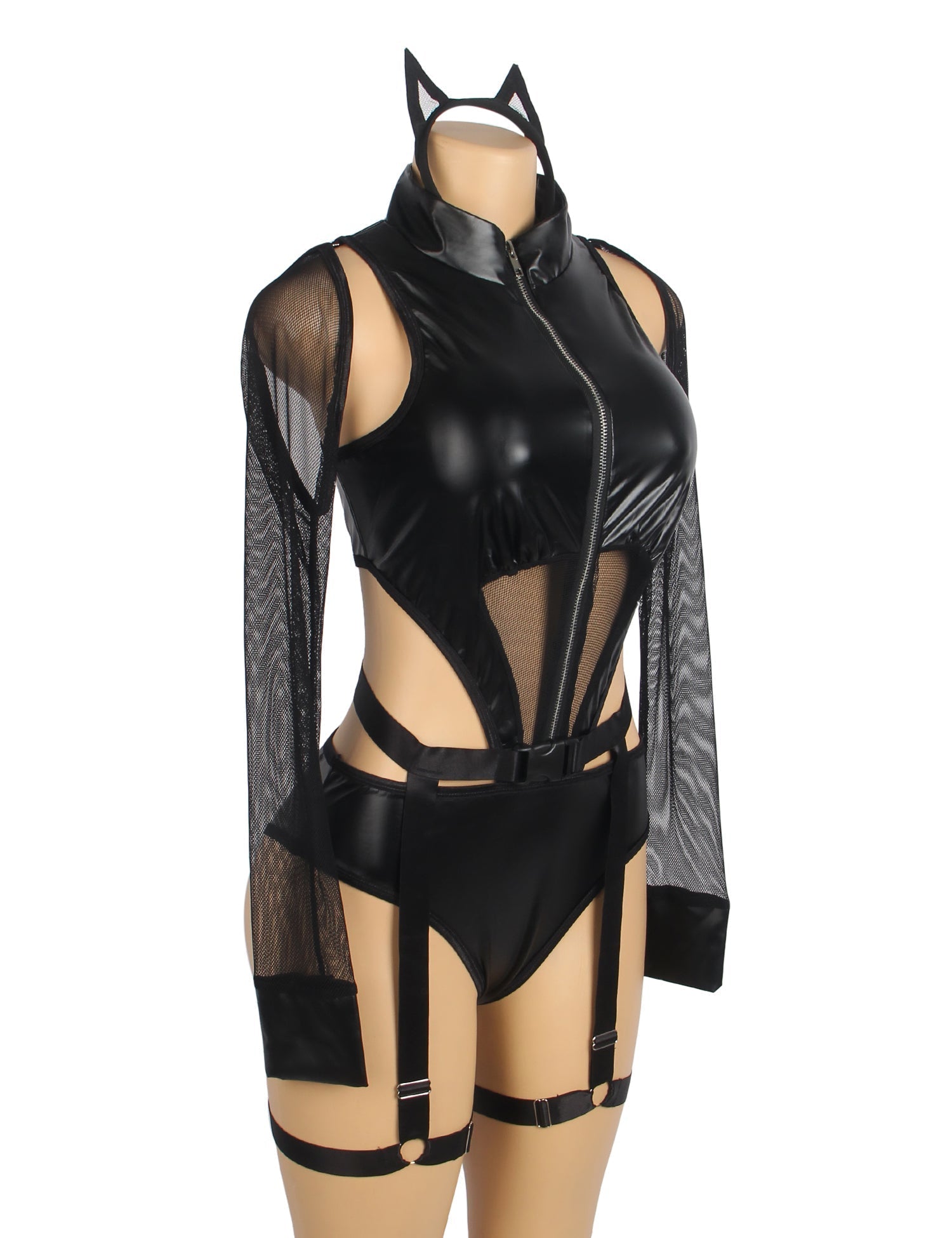 Black PU Leather Magic Bodysuit – Mesh Splicing, Front Zipper, Hollow Back, Removable Sleeves, Leg Rings & Headband - TeaseFashion