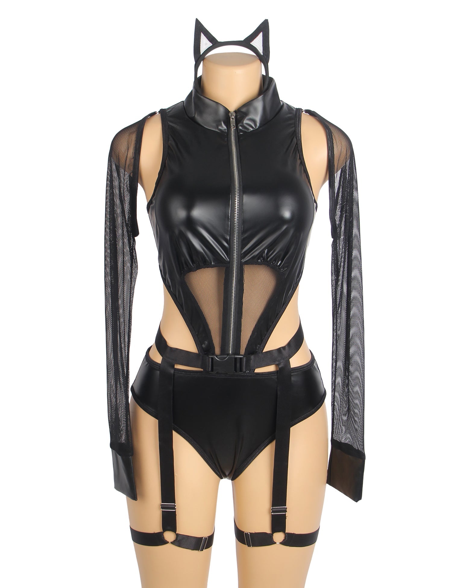 Black PU Leather Magic Bodysuit – Mesh Splicing, Front Zipper, Hollow Back, Removable Sleeves, Leg Rings & Headband - TeaseFashion