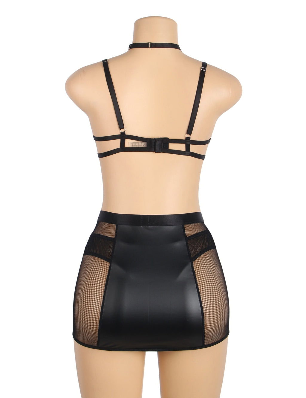 Black PU Leather Mesh Garter Belt Sexy Halter Neck Lingerie Set - TeaseFashion