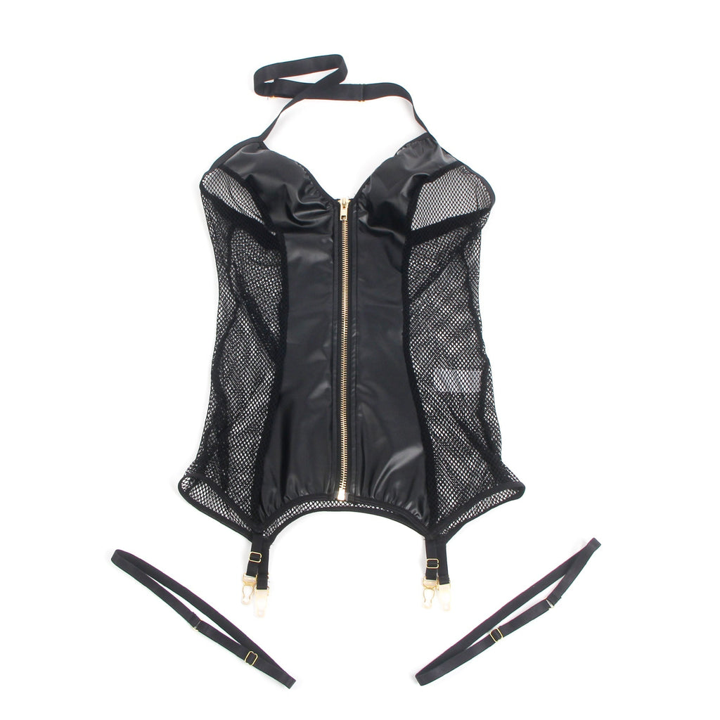 Black PU Leather Mesh Halter Nightgown – Front Zipper, Detachable Leg Strap & Hollow Mesh Back - TeaseFashion