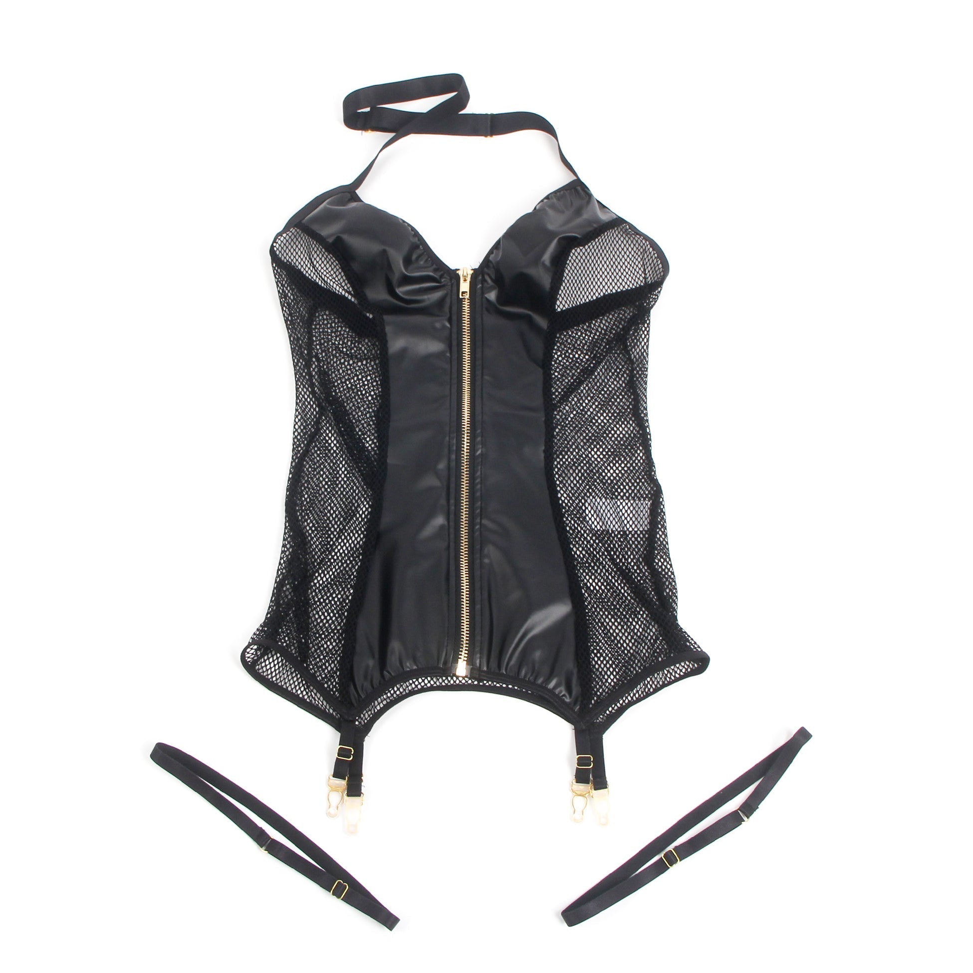 Black PU Leather Mesh Halter Nightgown – Front Zipper, Detachable Leg Strap & Hollow Mesh Back - TeaseFashion