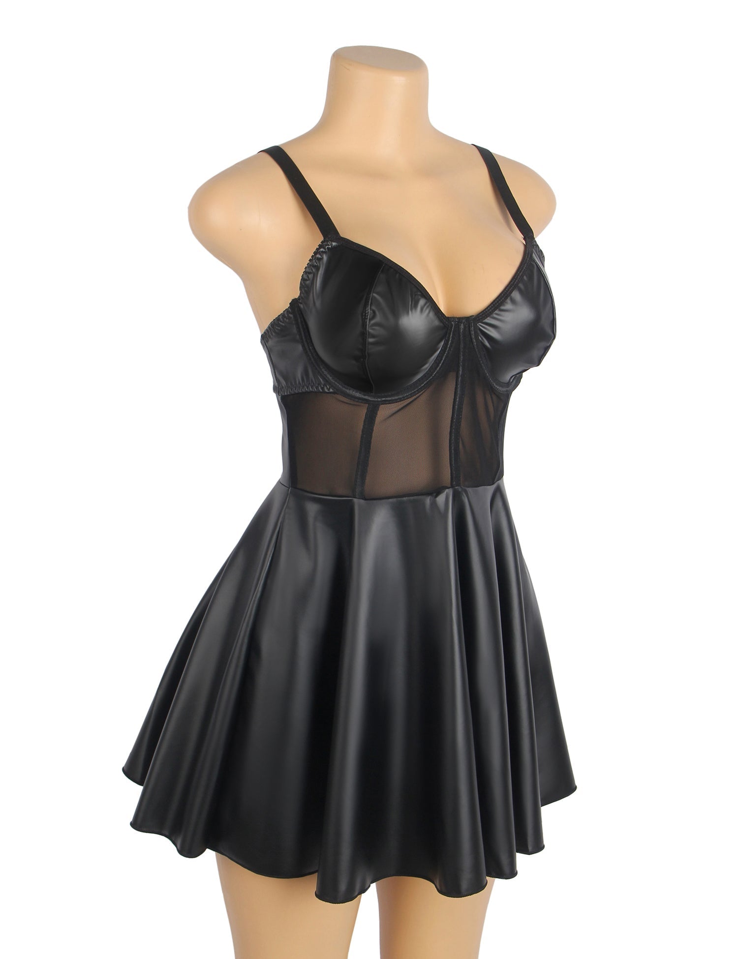 Black PU Leather Mesh Nightgown Set – Centre Front Mesh Splicing, Ruffled Hem, Button Back & Chest Lining - TeaseFashion