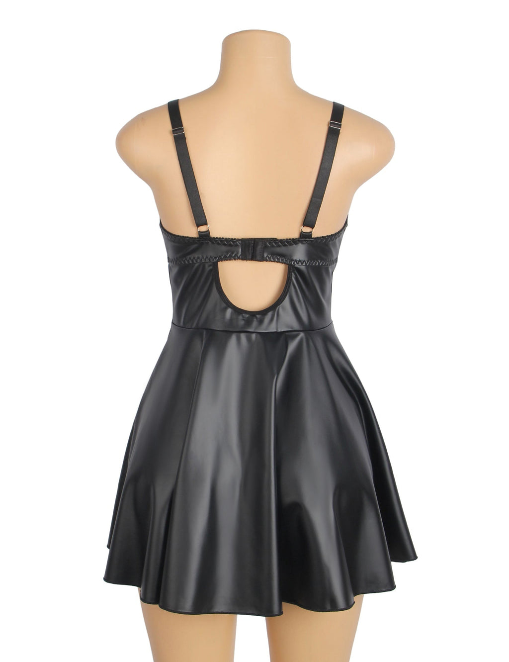 Black PU Leather Mesh Nightgown Set – Centre Front Mesh Splicing, Ruffled Hem, Button Back & Chest Lining - TeaseFashion