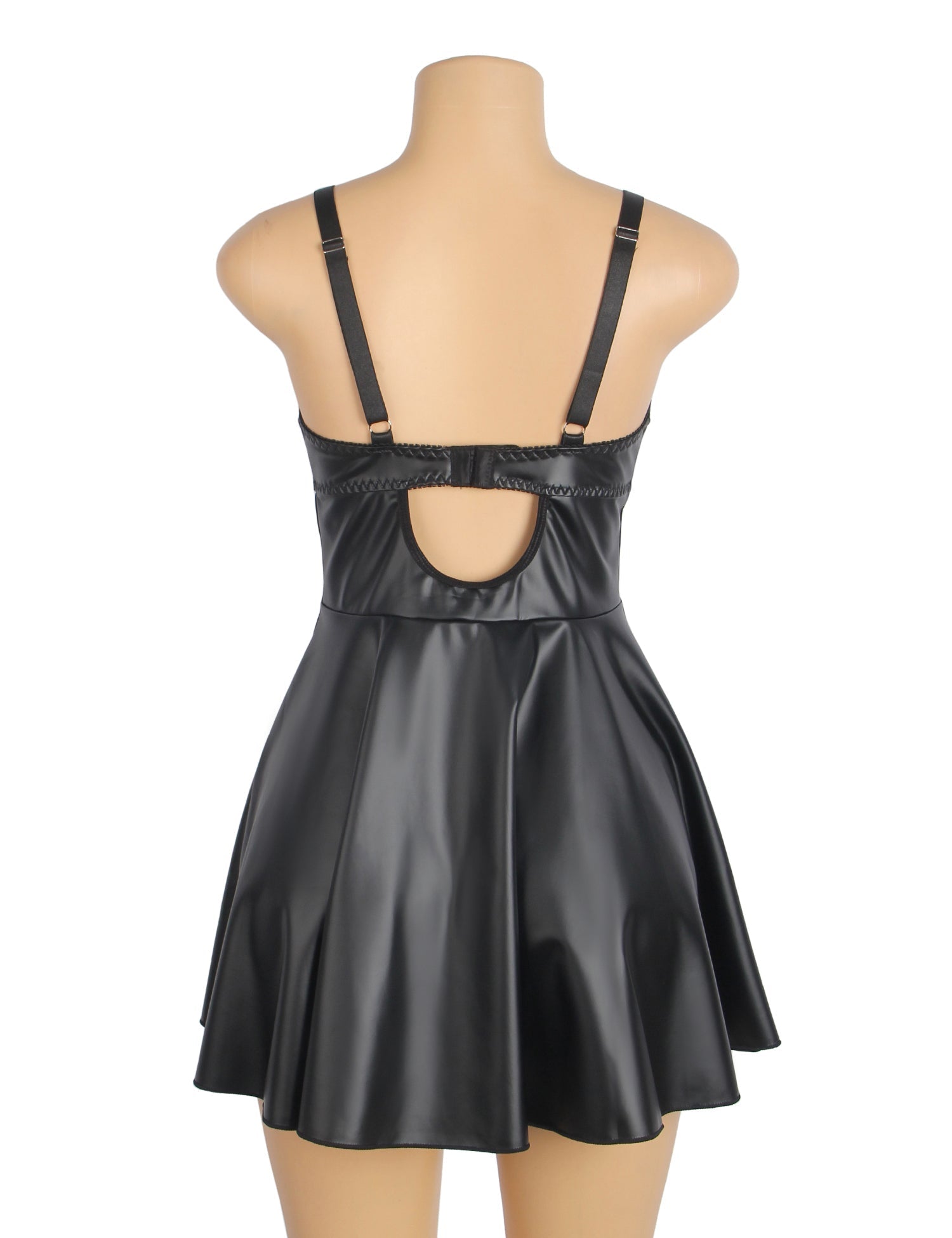 Black PU Leather Mesh Nightgown Set – Centre Front Mesh Splicing, Ruffled Hem, Button Back & Chest Lining - TeaseFashion