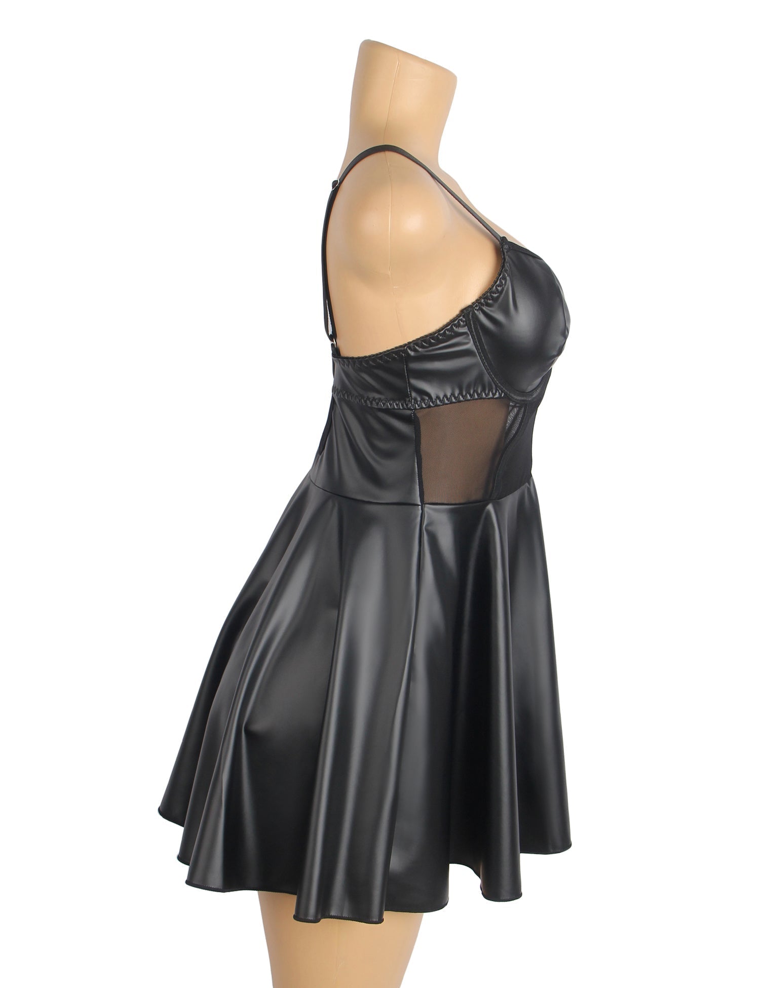 Black PU Leather Mesh Nightgown Set – Centre Front Mesh Splicing, Ruffled Hem, Button Back & Chest Lining - TeaseFashion
