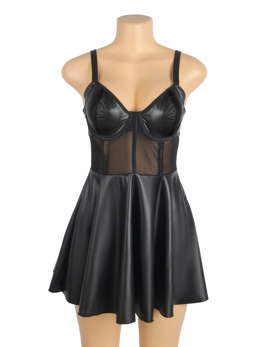 Black PU Leather Mesh Nightgown Set – Centre Front Mesh Splicing, Ruffled Hem, Button Back & Chest Lining - TeaseFashion