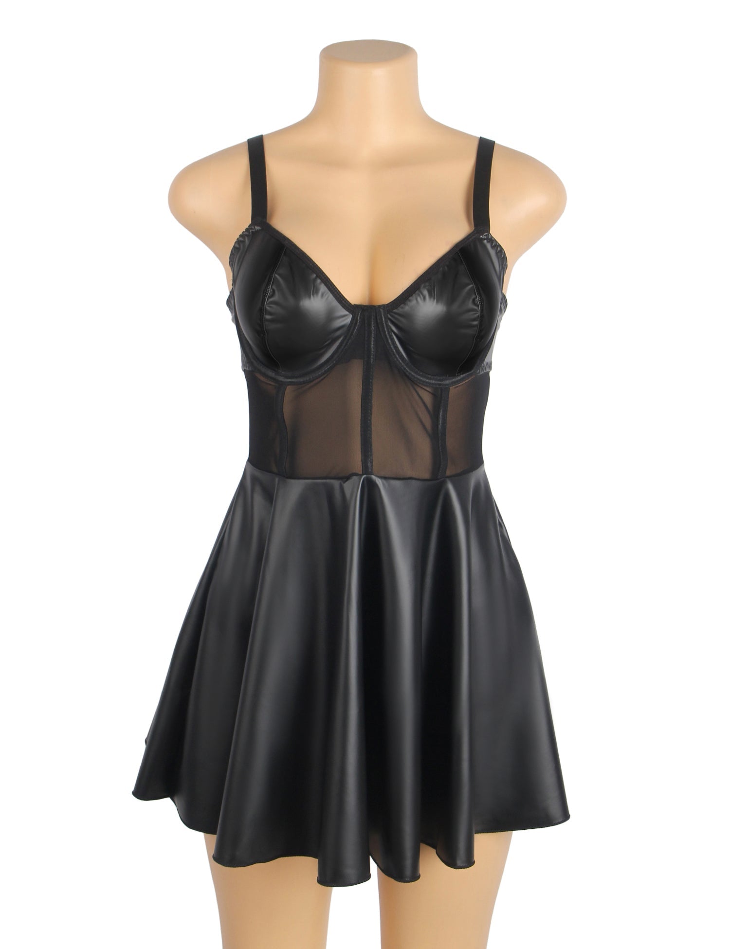 Black PU Leather Mesh Nightgown Set – Centre Front Mesh Splicing, Ruffled Hem, Button Back & Chest Lining - TeaseFashion