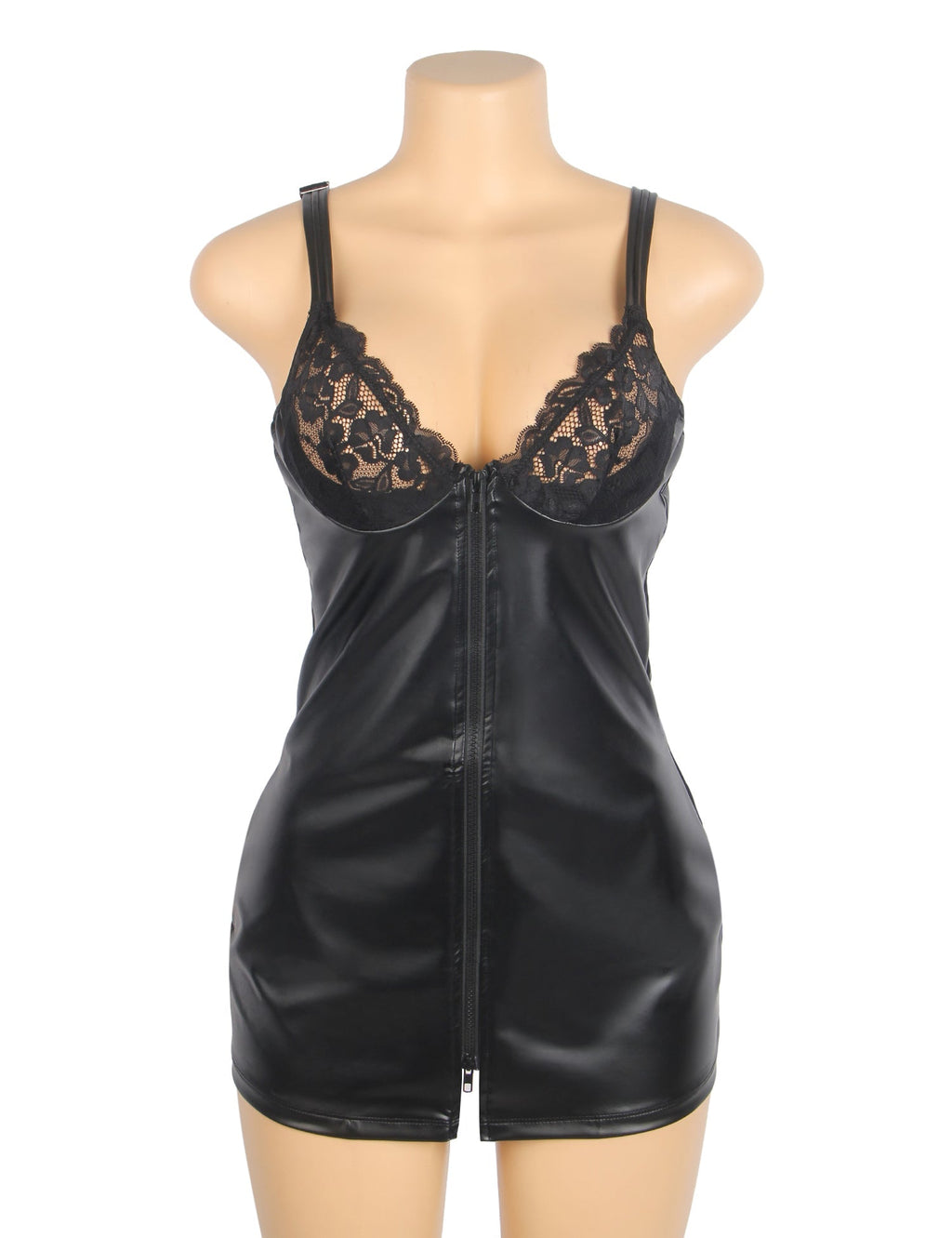 Black PU Leather Mini Dress with Lace Chest Splicing, Front Zipper & Wide Adjustable Straps - TeaseFashion
