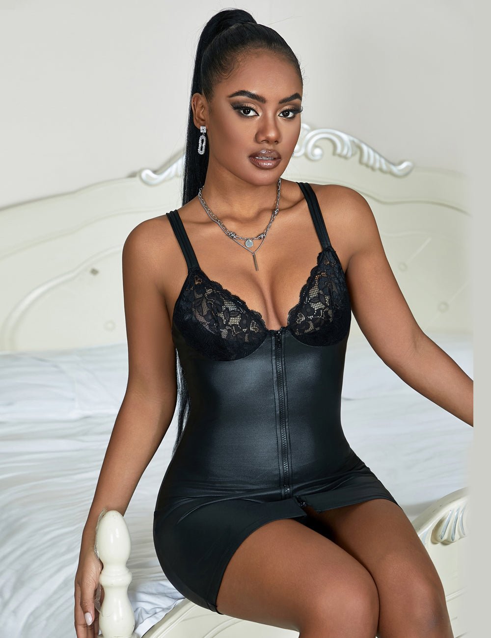 Black PU Leather Mini Dress with Lace Chest Splicing, Front Zipper & Wide Adjustable Straps - TeaseFashion