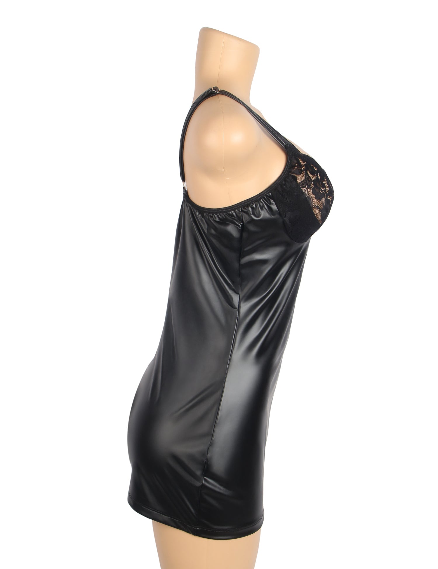 Black PU Leather Mini Dress with Lace Chest Splicing, Front Zipper & Wide Adjustable Straps - TeaseFashion