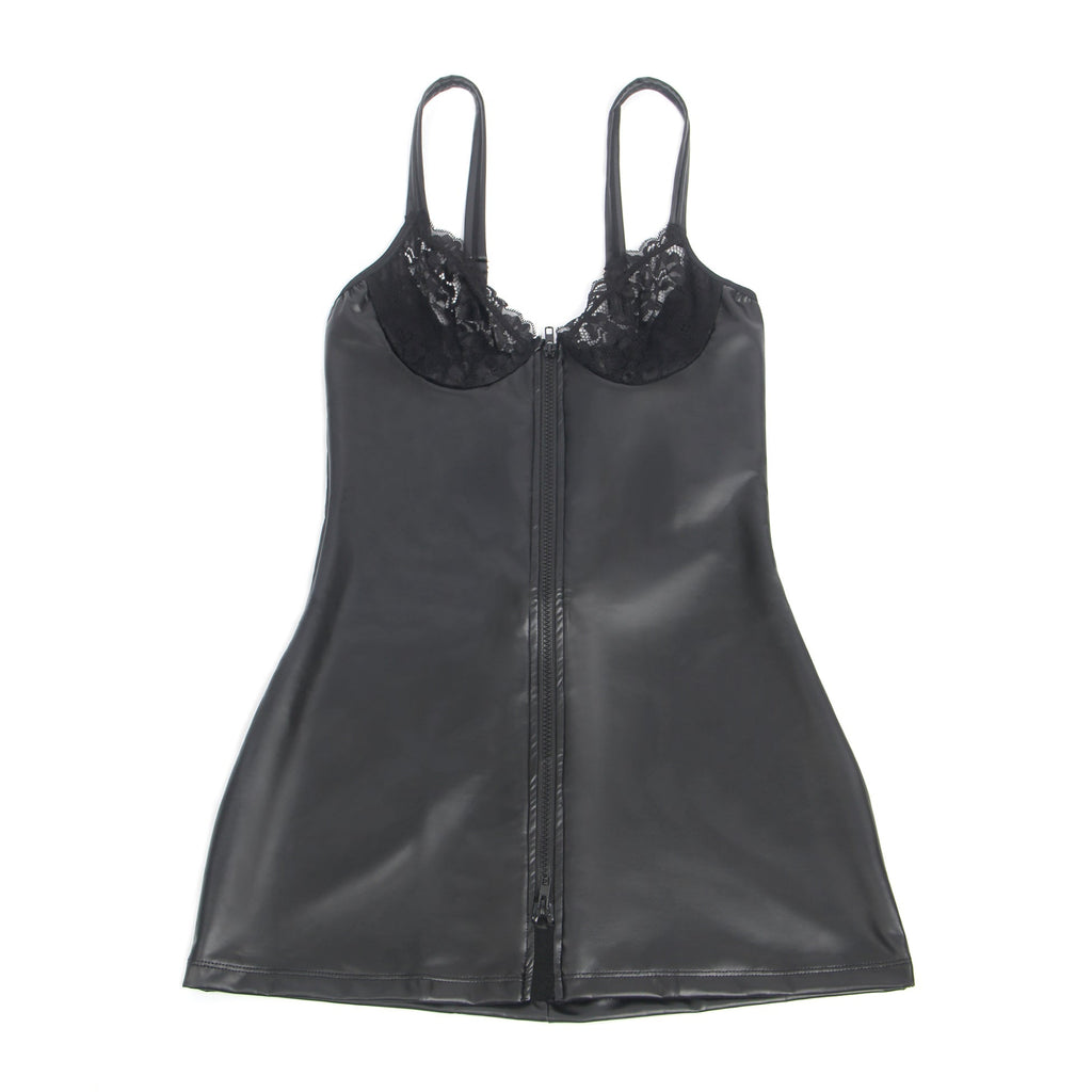 Black PU Leather Mini Dress with Lace Chest Splicing, Front Zipper & Wide Adjustable Straps - TeaseFashion