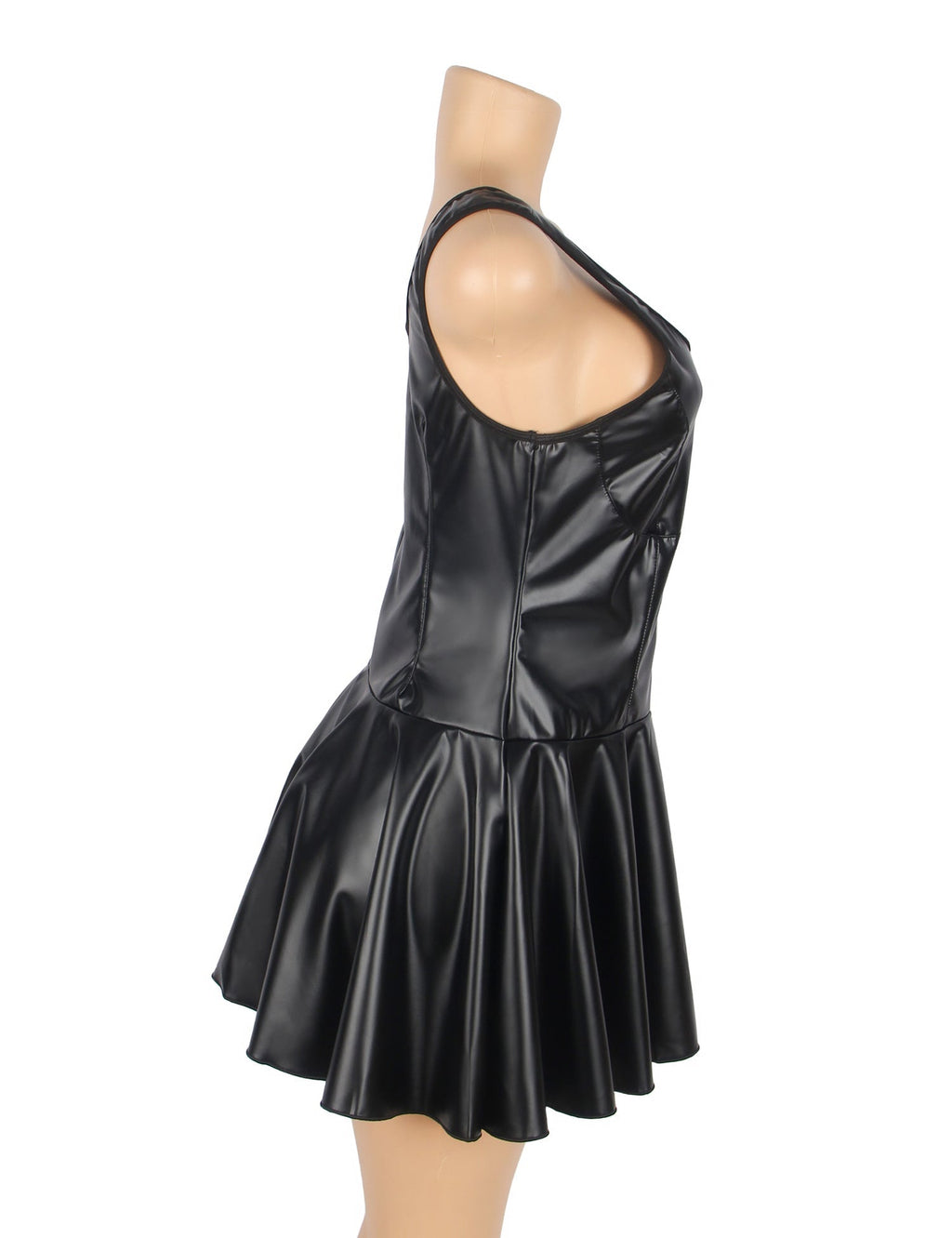 Black PU Leather Nightdress – Peach Heart Zipper, Wide Shoulder Straps & Ruffled Hem - TeaseFashion