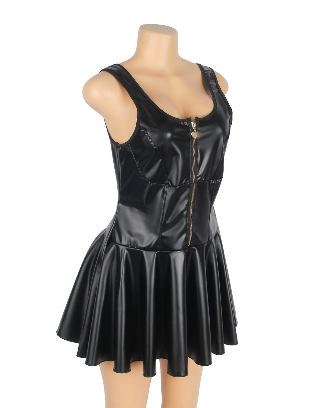Black PU Leather Nightdress – Peach Heart Zipper, Wide Shoulder Straps & Ruffled Hem - TeaseFashion