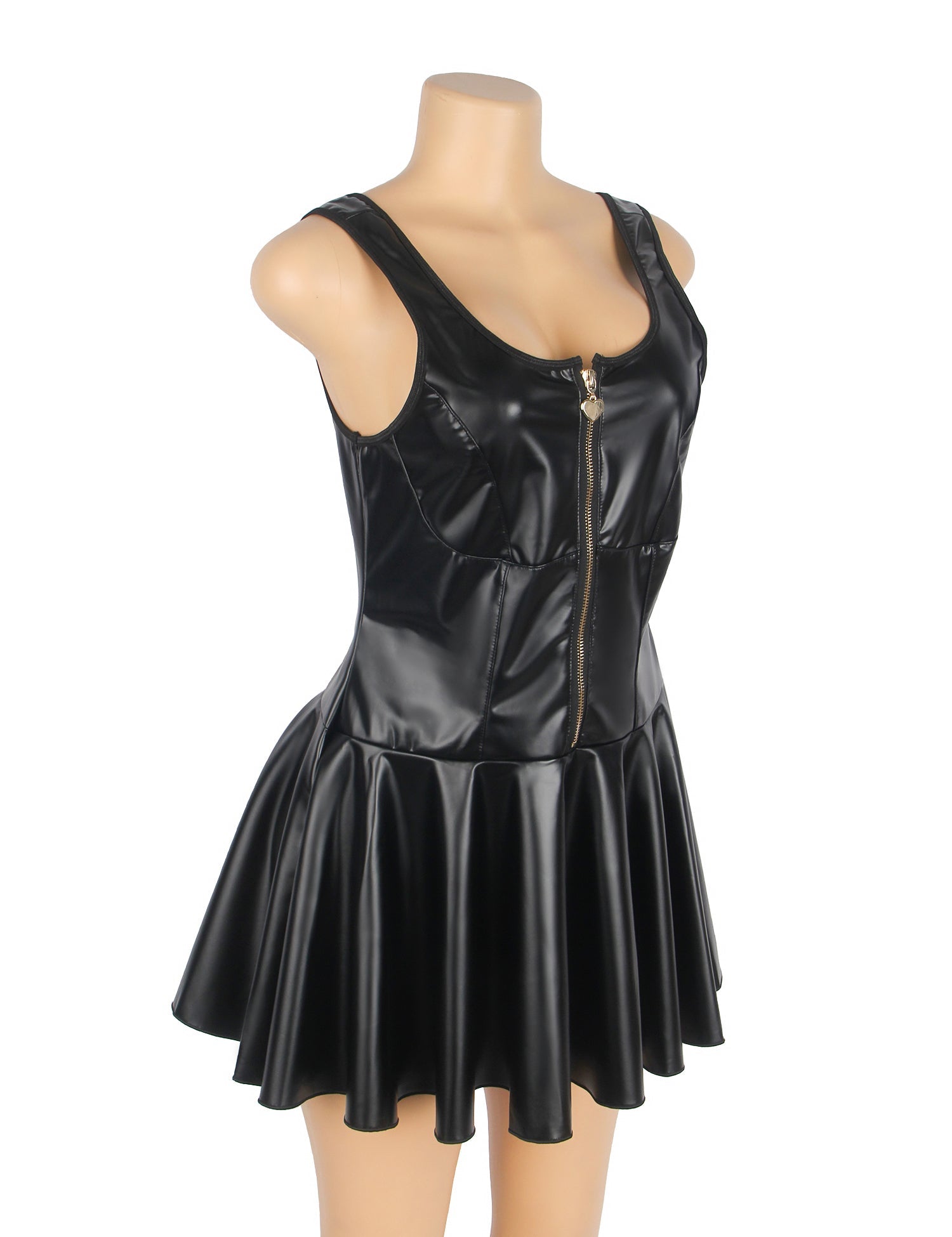 Black PU Leather Nightdress – Peach Heart Zipper, Wide Shoulder Straps & Ruffled Hem - TeaseFashion