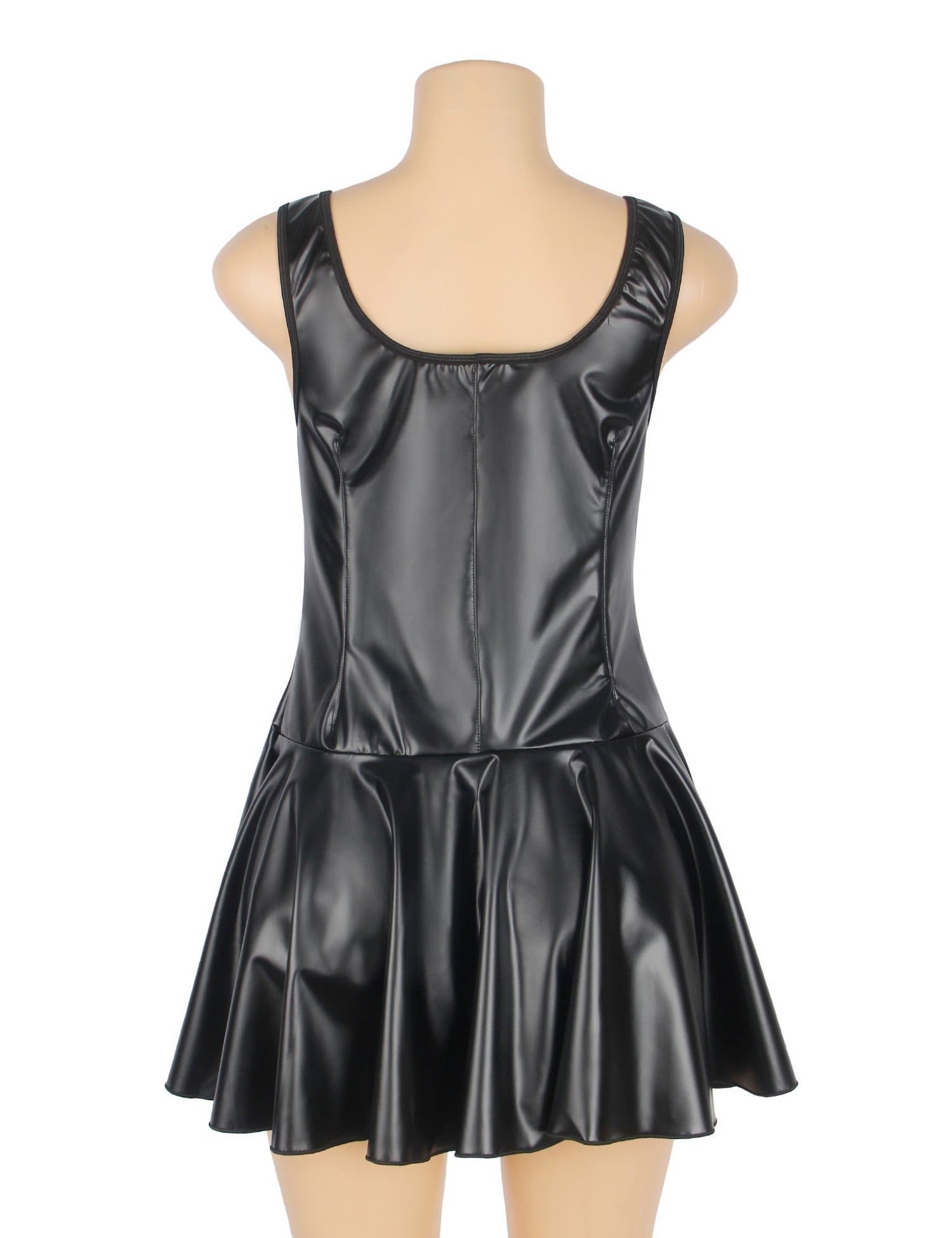 Black PU Leather Nightdress – Peach Heart Zipper, Wide Shoulder Straps & Ruffled Hem - TeaseFashion