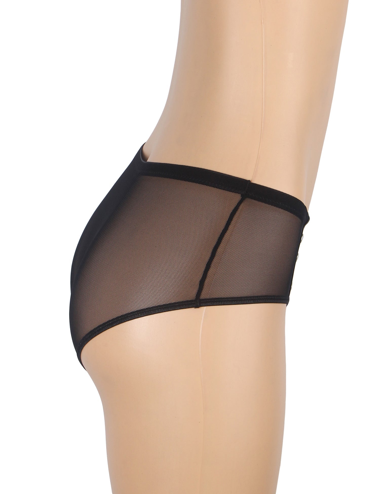 Black PU Leather Panty – Mesh, Metal Studs & Cotton Gusset - TeaseFashion