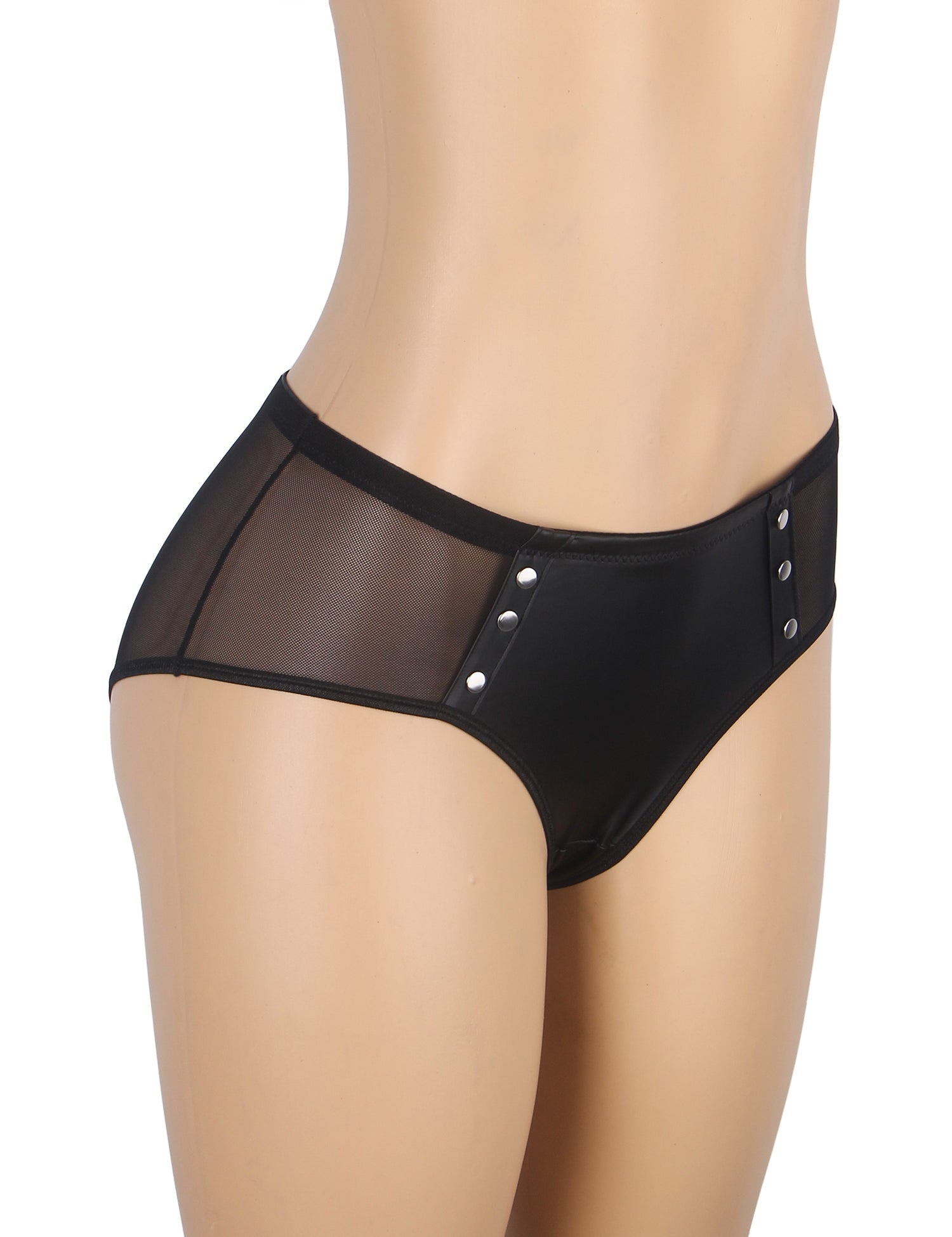 Black PU Leather Panty – Mesh, Metal Studs & Cotton Gusset - TeaseFashion