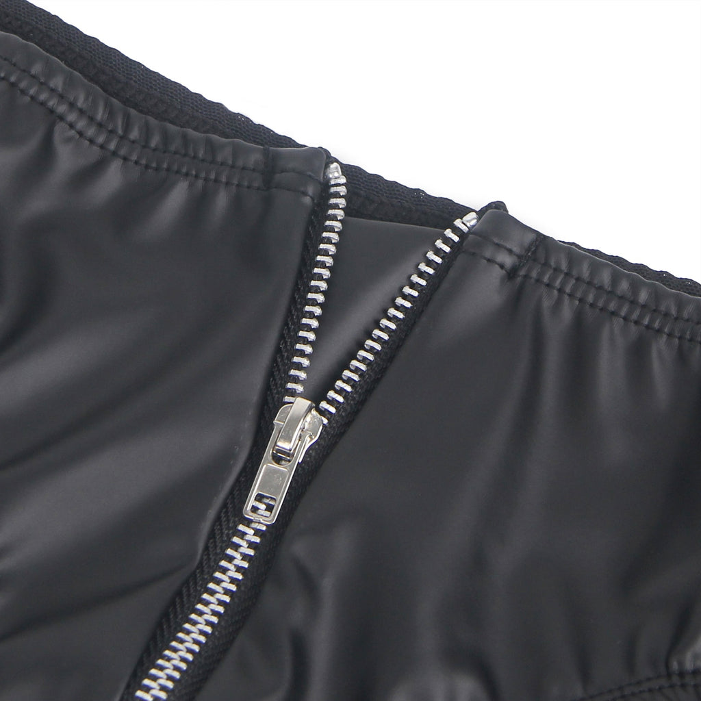 Black PU Leather Panty – Mesh Panels, Front Zipper & Cotton Pad - TeaseFashion