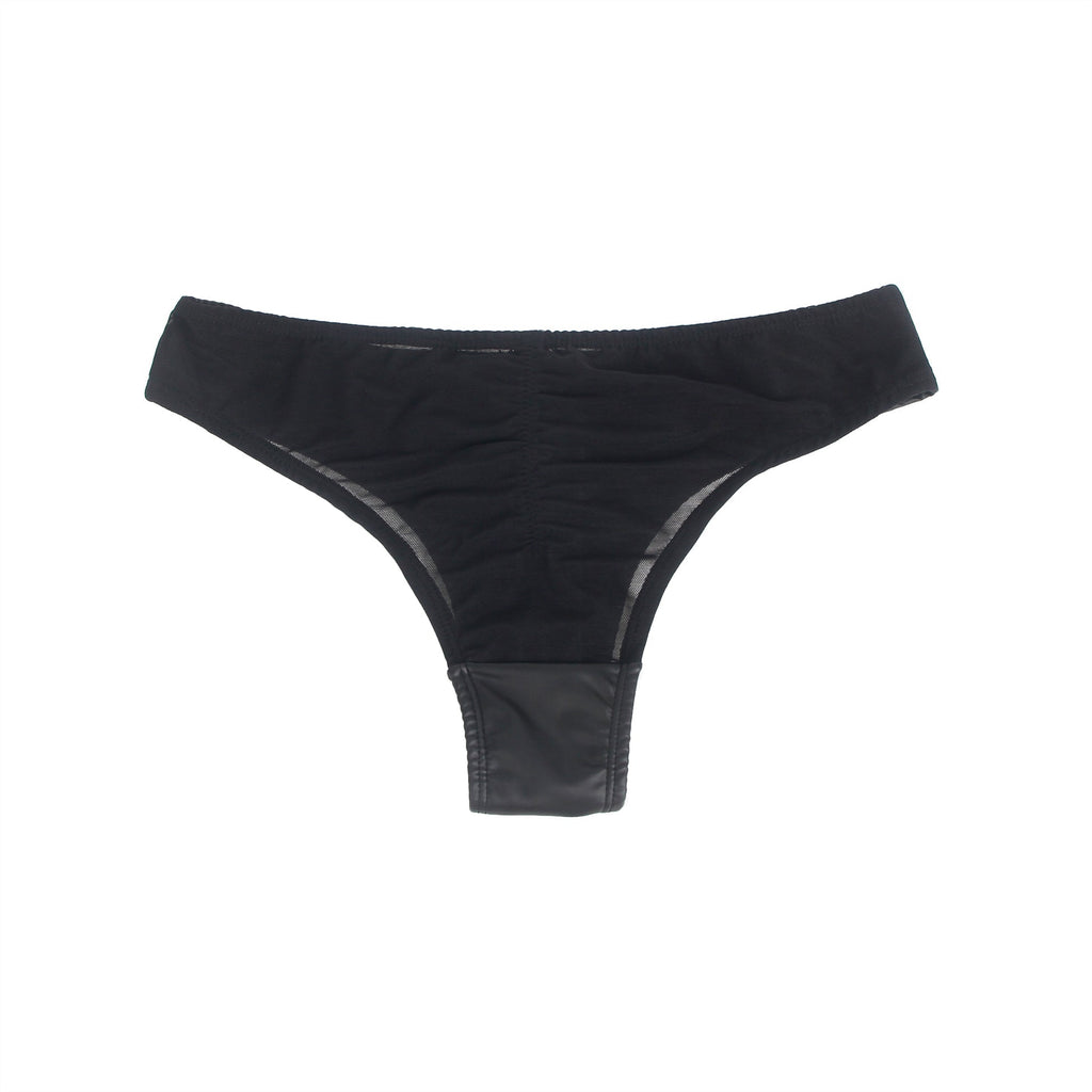Black PU Leather Panty – Mesh Panels, Front Zipper & Cotton Pad - TeaseFashion
