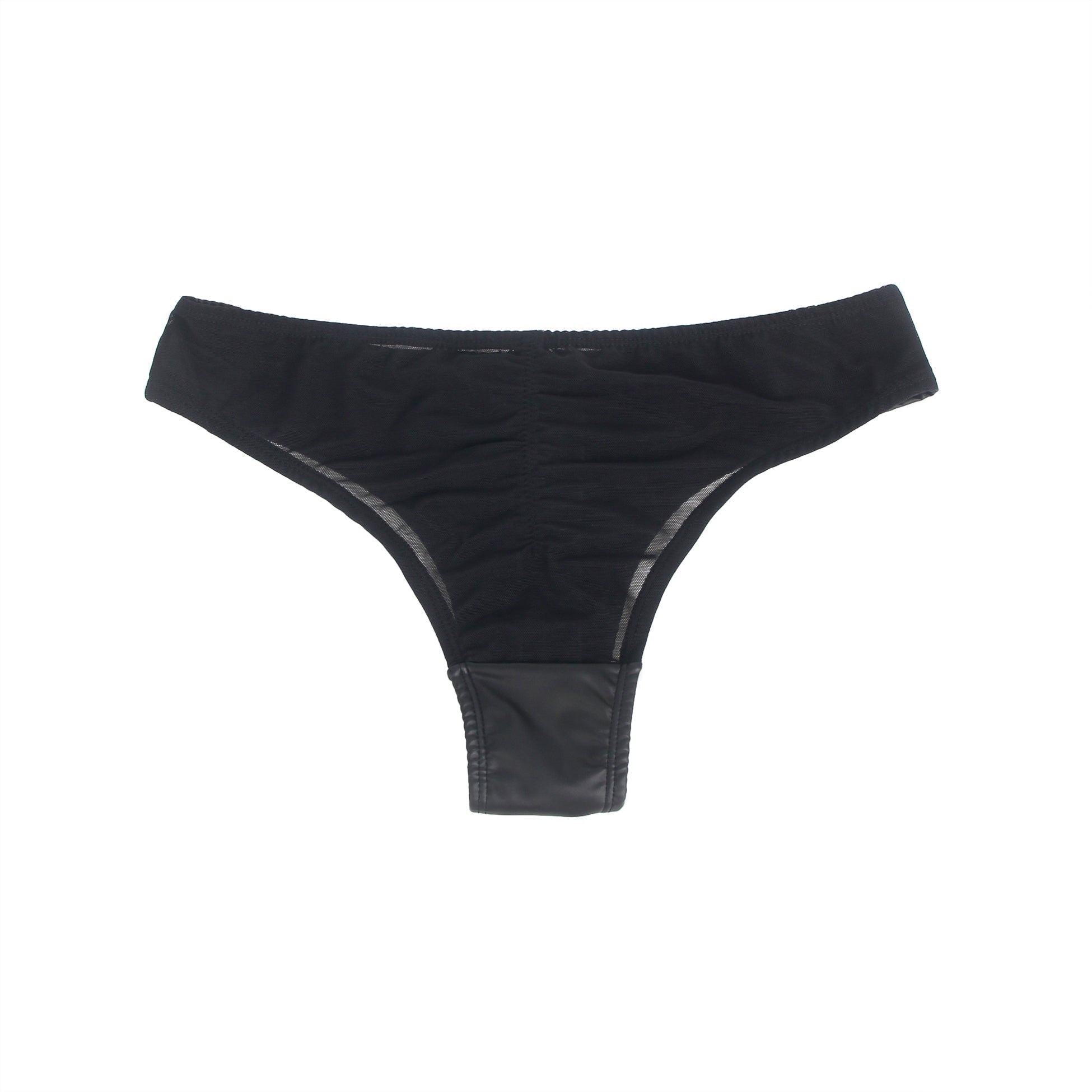 Black PU Leather Panty – Mesh Panels, Front Zipper & Cotton Pad - TeaseFashion
