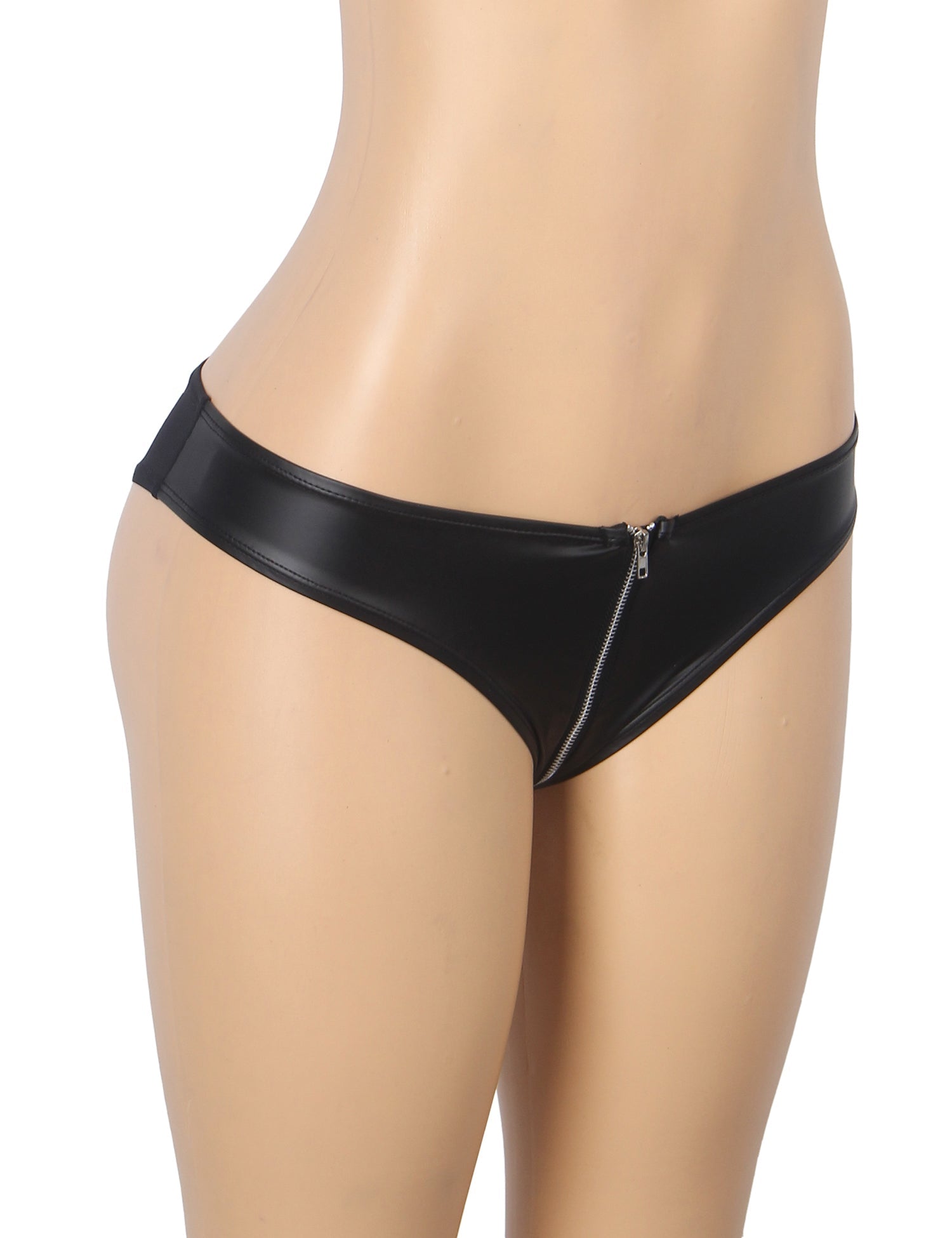 Black PU Leather Panty – Mesh Panels, Front Zipper & Cotton Pad - TeaseFashion