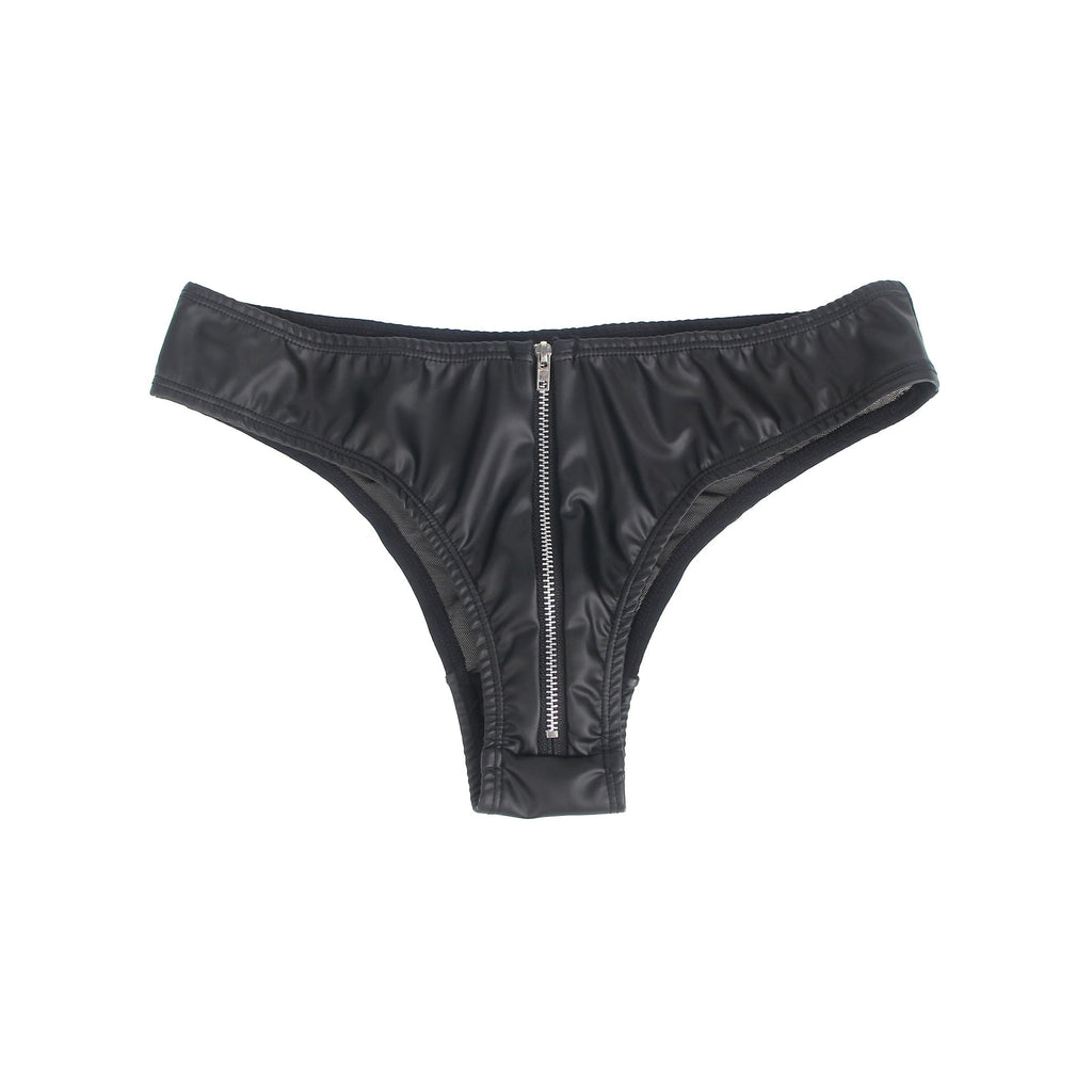 Black PU Leather Panty – Mesh Panels, Front Zipper & Cotton Pad - TeaseFashion
