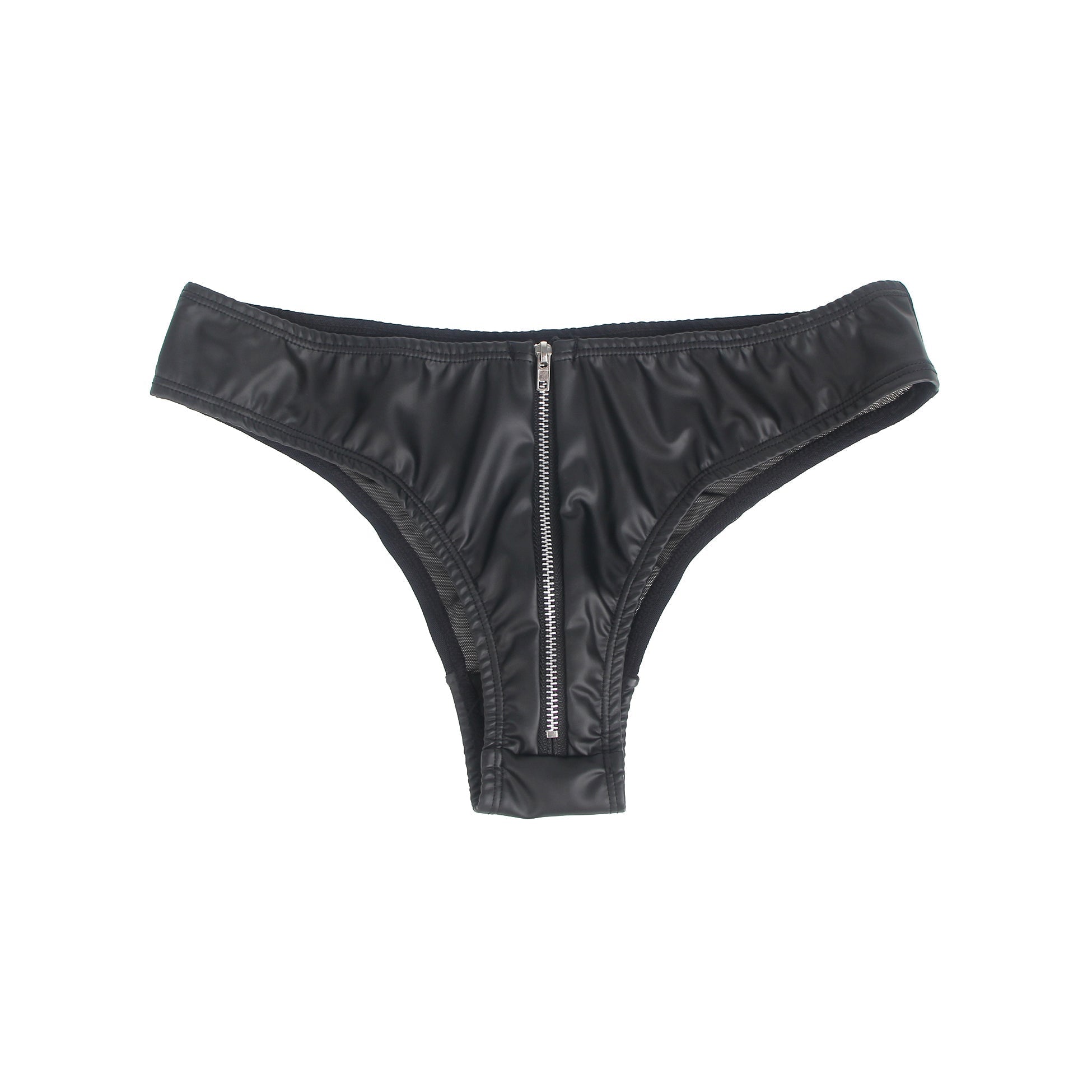 Black PU Leather Panty – Mesh Panels, Front Zipper & Cotton Pad - TeaseFashion