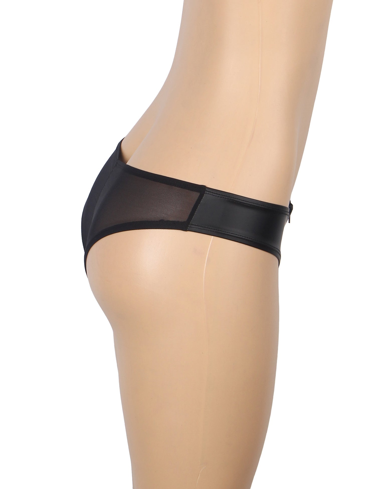 Black PU Leather Panty – Mesh Panels, Front Zipper & Cotton Pad - TeaseFashion