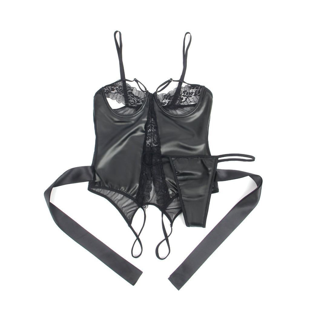 Black PU Leather Sexy Lace Hollow Out Bodysuit - TeaseFashion