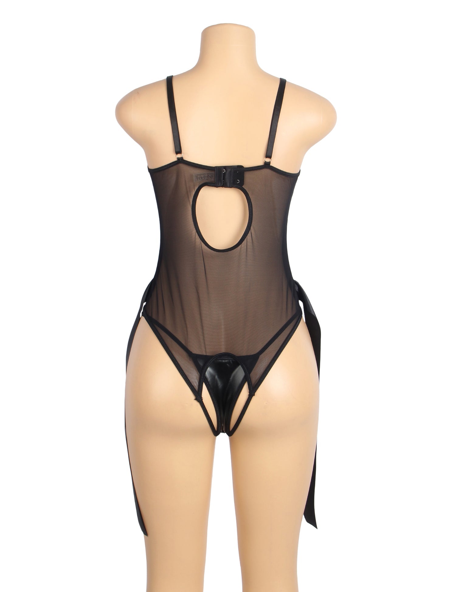 Black PU Leather Sexy Lace Hollow Out Bodysuit - TeaseFashion