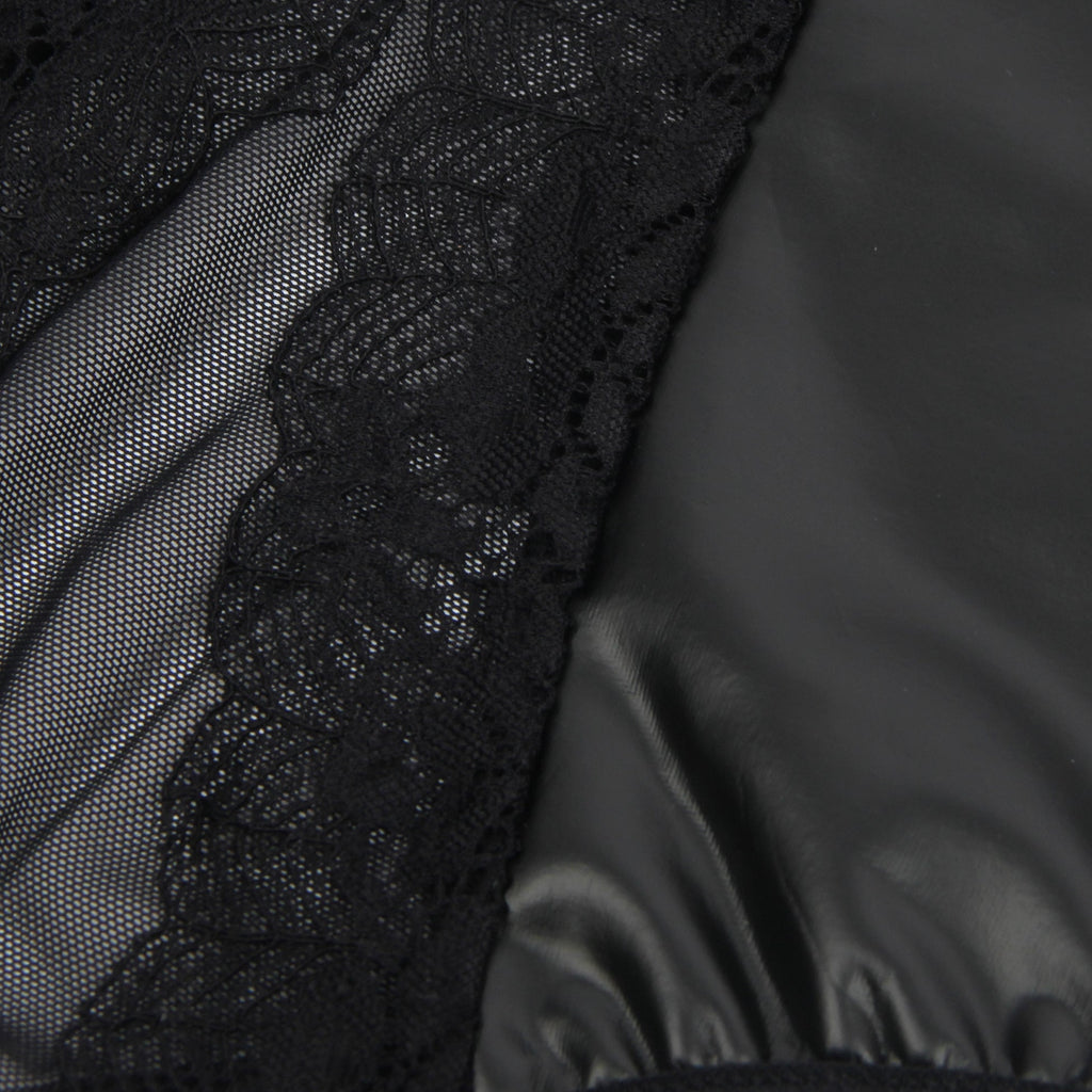 Black PU Leather Sexy Lace Hollow Out Bodysuit - TeaseFashion