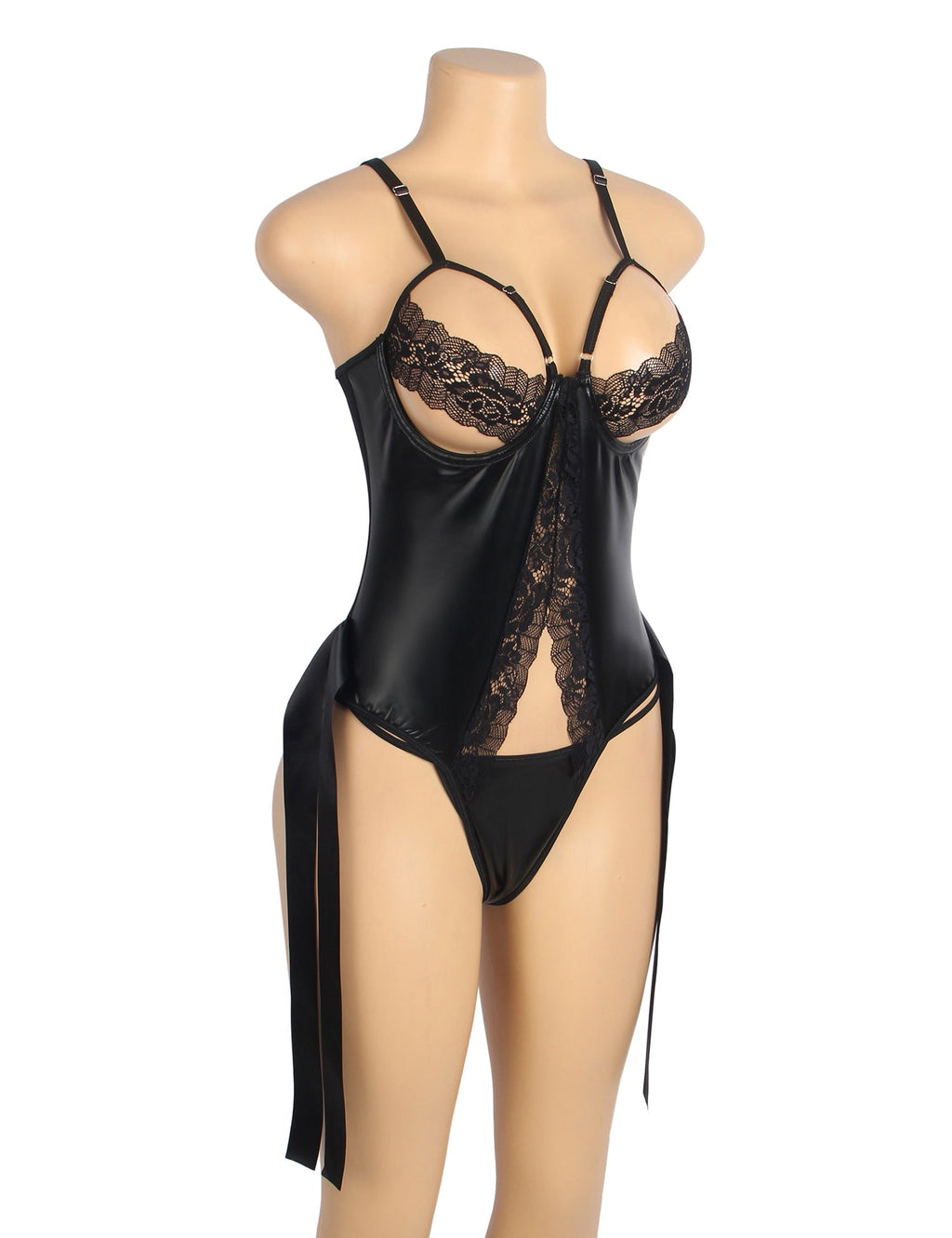 Black PU Leather Sexy Lace Hollow Out Bodysuit - TeaseFashion