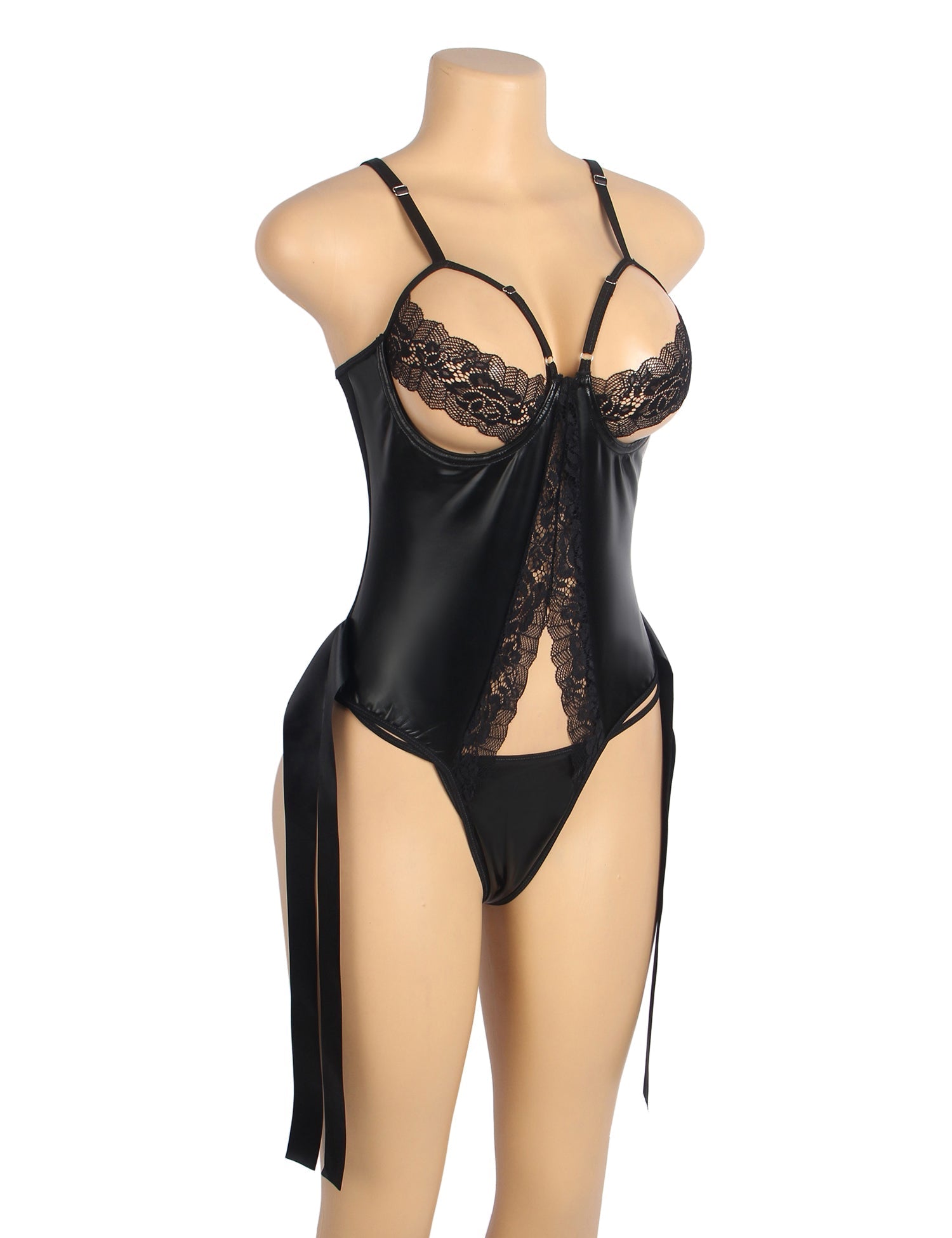Black PU Leather Sexy Lace Hollow Out Bodysuit - TeaseFashion