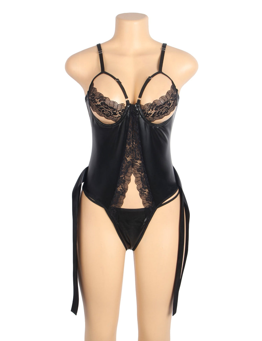 Black PU Leather Sexy Lace Hollow Out Bodysuit - TeaseFashion
