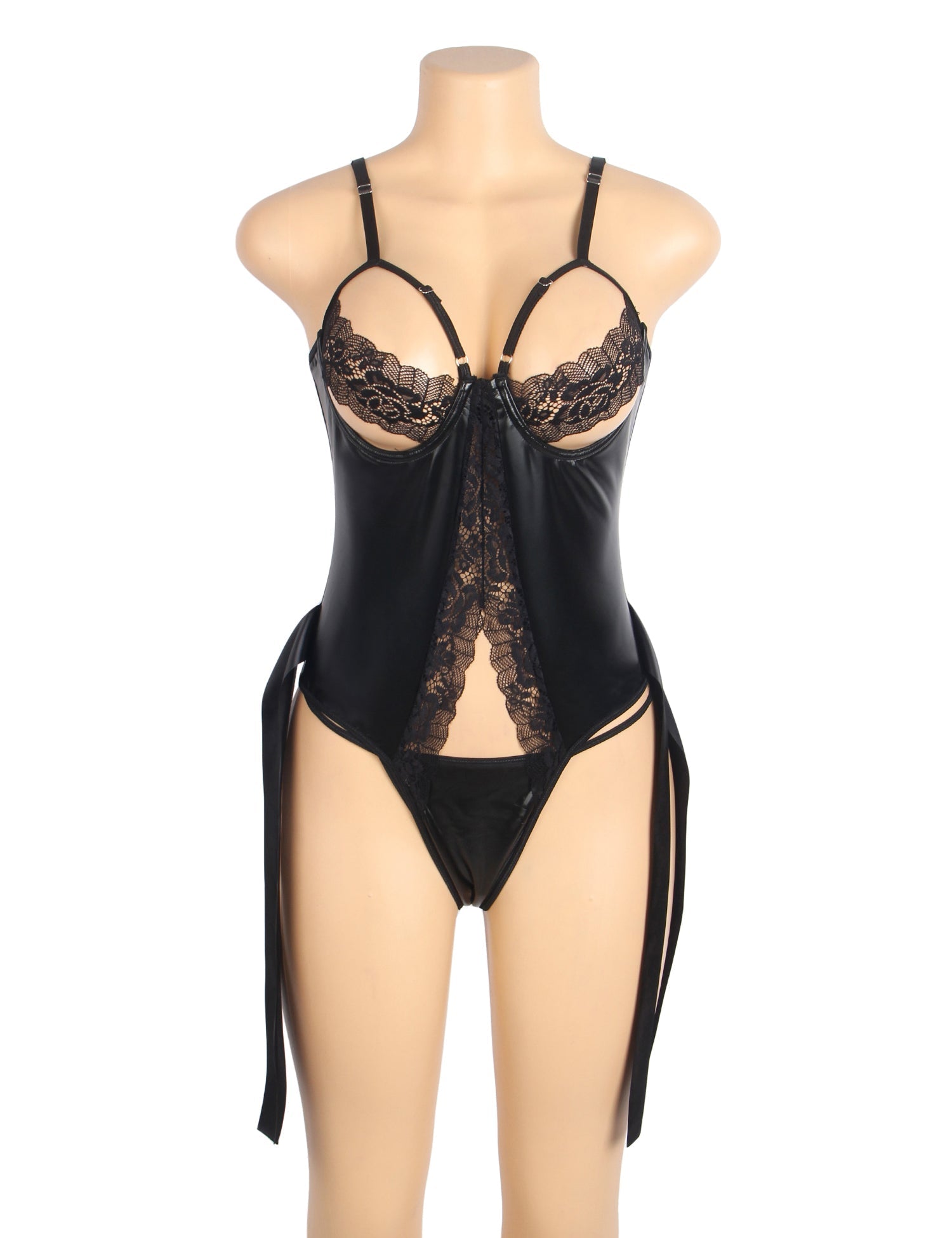 Black PU Leather Sexy Lace Hollow Out Bodysuit - TeaseFashion