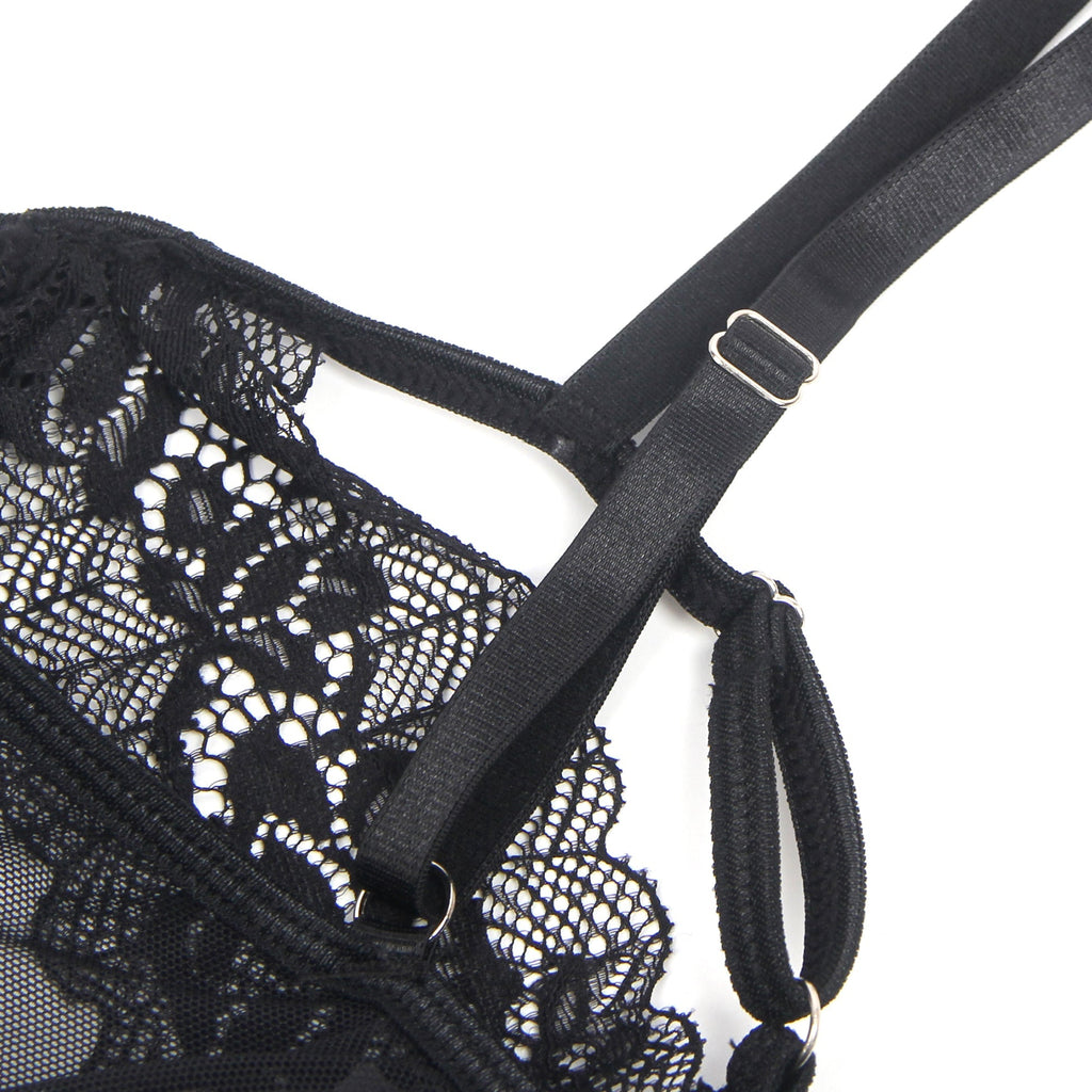 Black PU Leather Sexy Lace Hollow Out Bodysuit - TeaseFashion