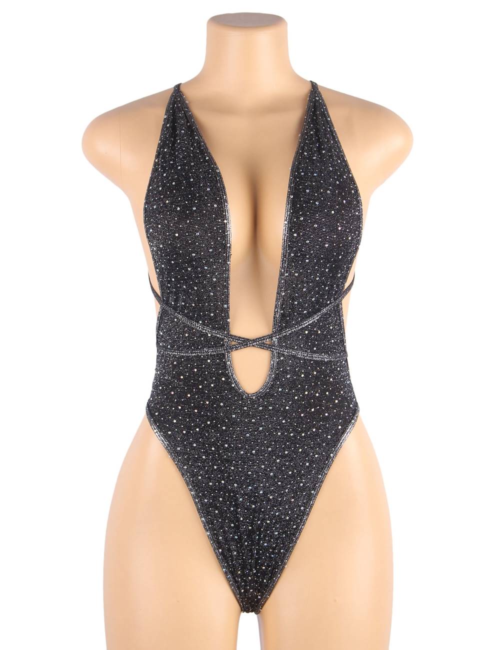 Black Rayon & Silver Thread Deep V Strappy Teddy – Open Back, Long Necktie & Rhinestone Embellishments - TeaseFashion