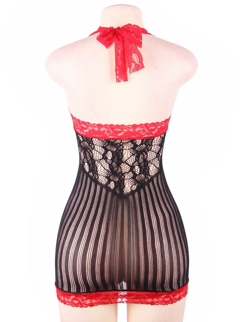 Black & Red Crochet Mesh Hollow - Out Mini Chemise Dress – Contrast Stitching Detail - TeaseFashion