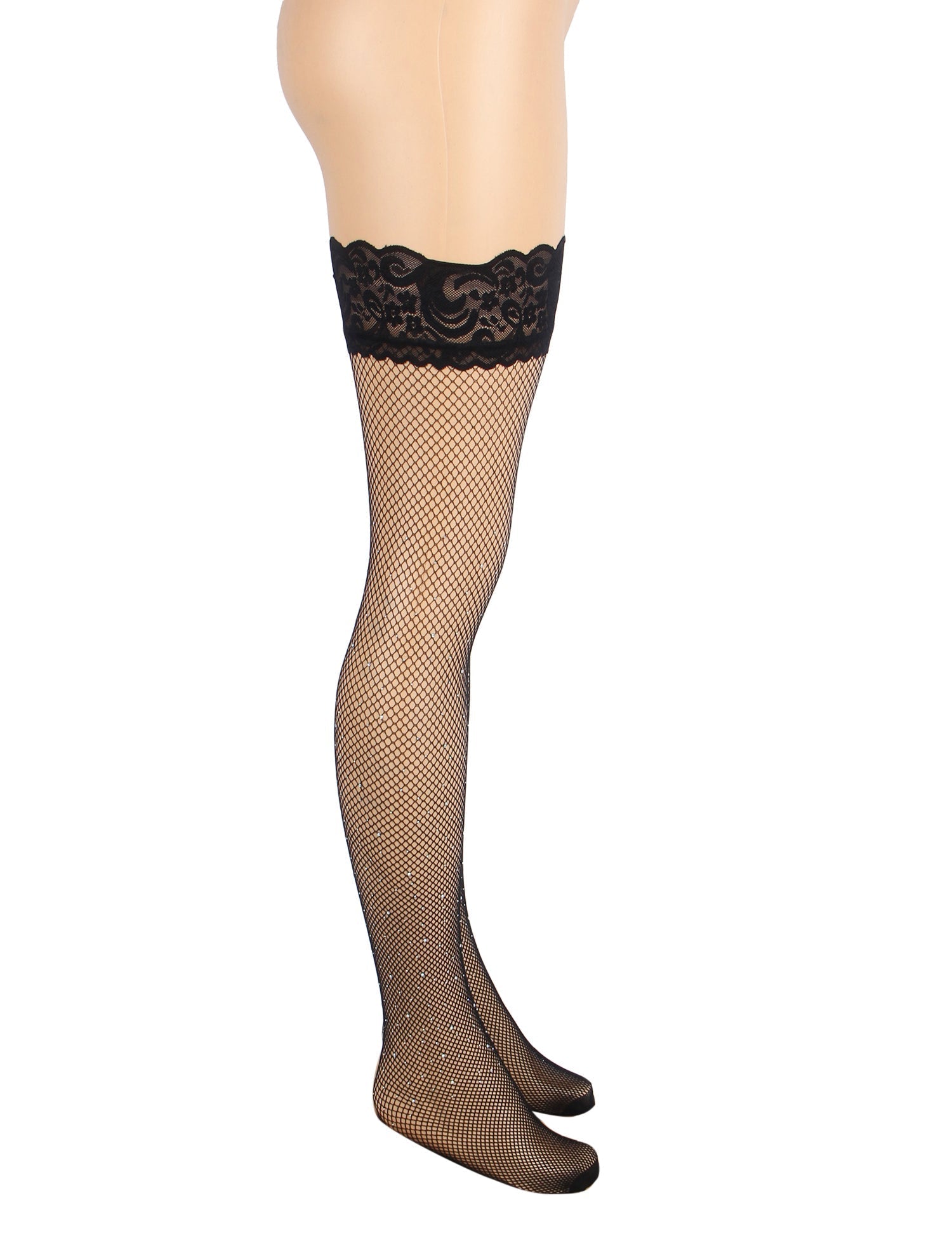 Black Rhinestone Fishnet Thigh - High Stockings with Lace Top & Dual Silicone Stay - Up Grip - TeaseFashion