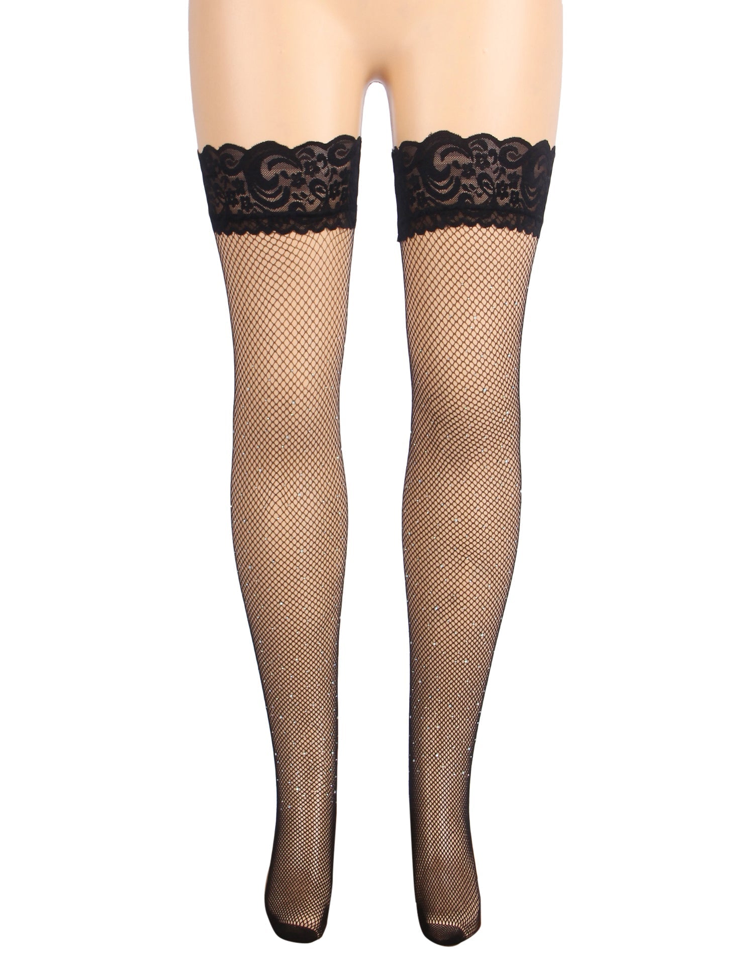 Black Rhinestone Fishnet Thigh - High Stockings with Lace Top & Dual Silicone Stay - Up Grip - TeaseFashion