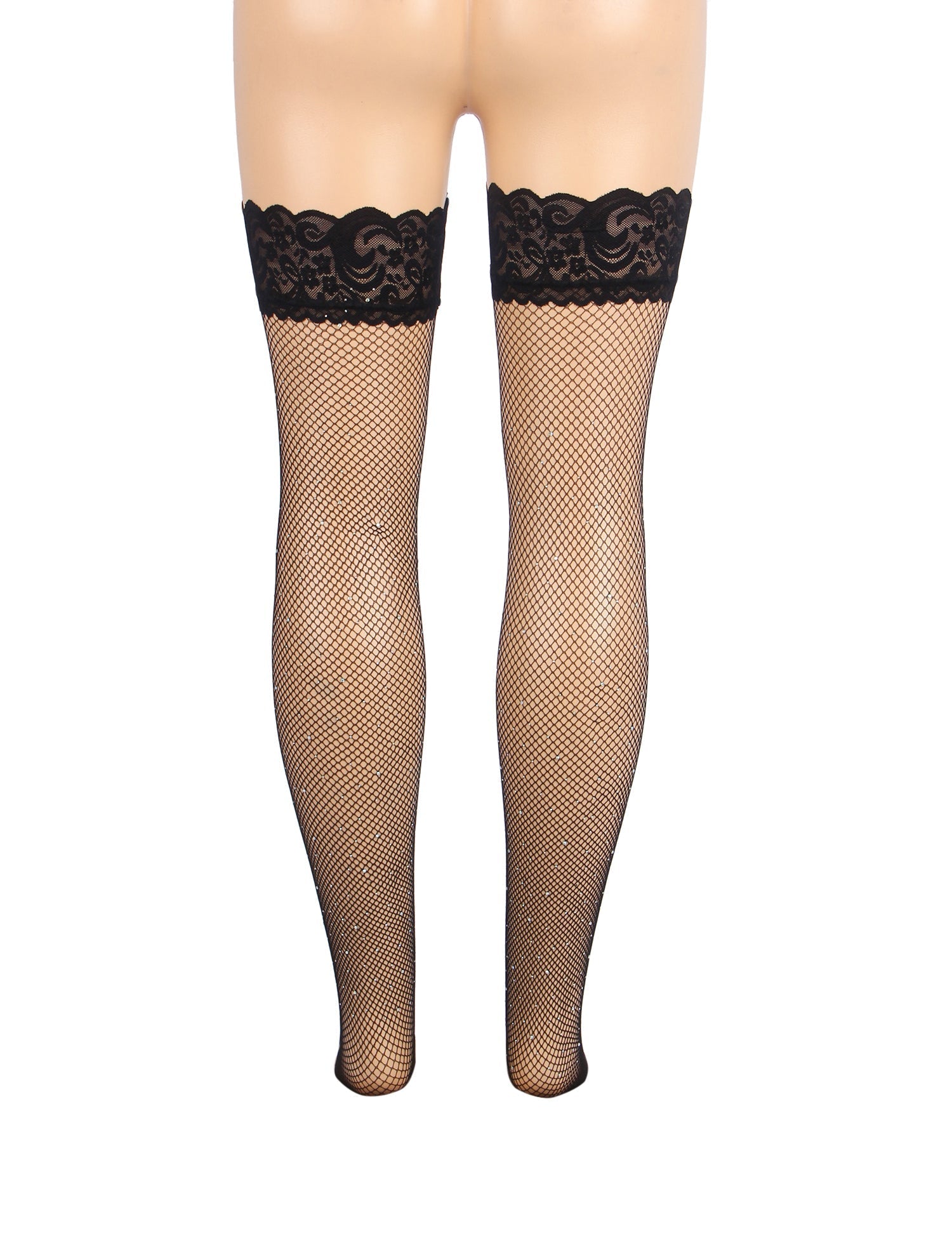 Black Rhinestone Fishnet Thigh - High Stockings with Lace Top & Dual Silicone Stay - Up Grip - TeaseFashion