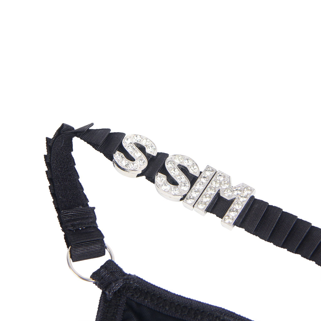 Black Rhinestone Letter Waistband T - Back Thong - TeaseFashion