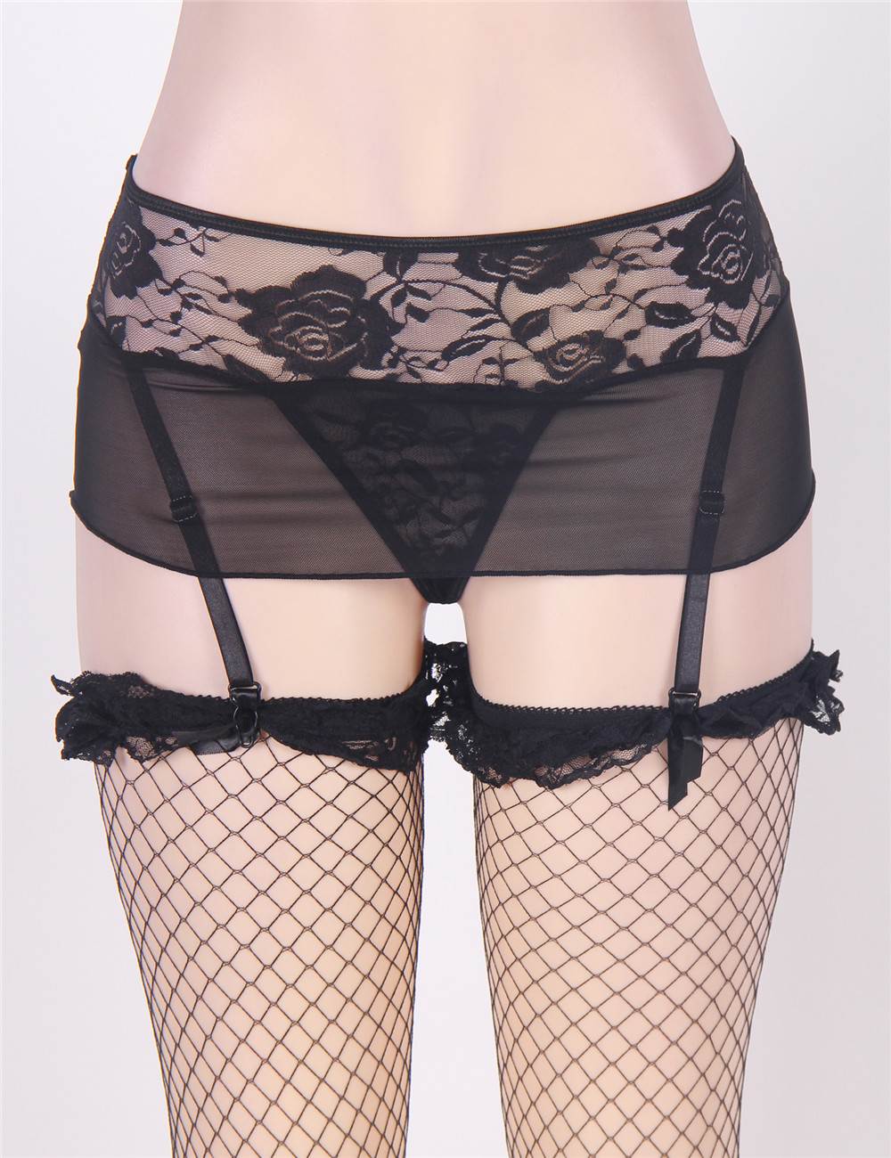 Black Rose - Pattern Lace Mesh Garter Panty – Sheer Netting, Adjustable Side Garter Straps & G - String Included - TeaseFashion