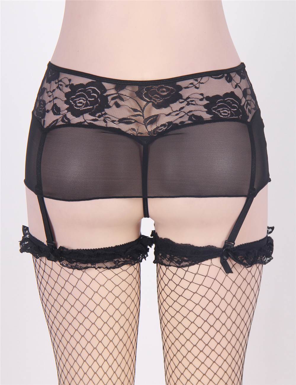Black Rose - Pattern Lace Mesh Garter Panty – Sheer Netting, Adjustable Side Garter Straps & G - String Included - TeaseFashion