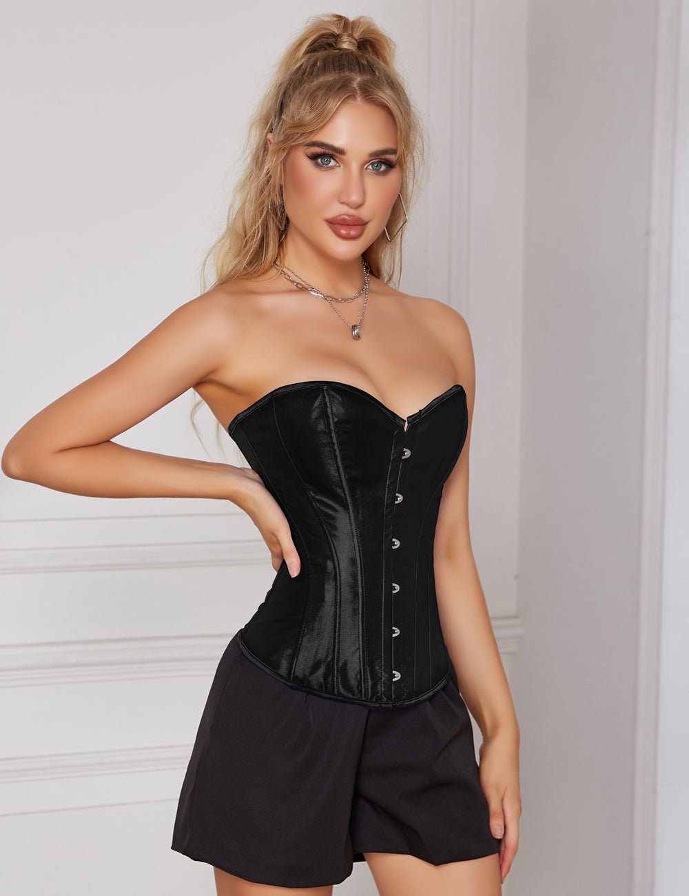 Black Satin Corset with Mesh Lantern Sleeves & Steel Buckle - TeaseFashion
