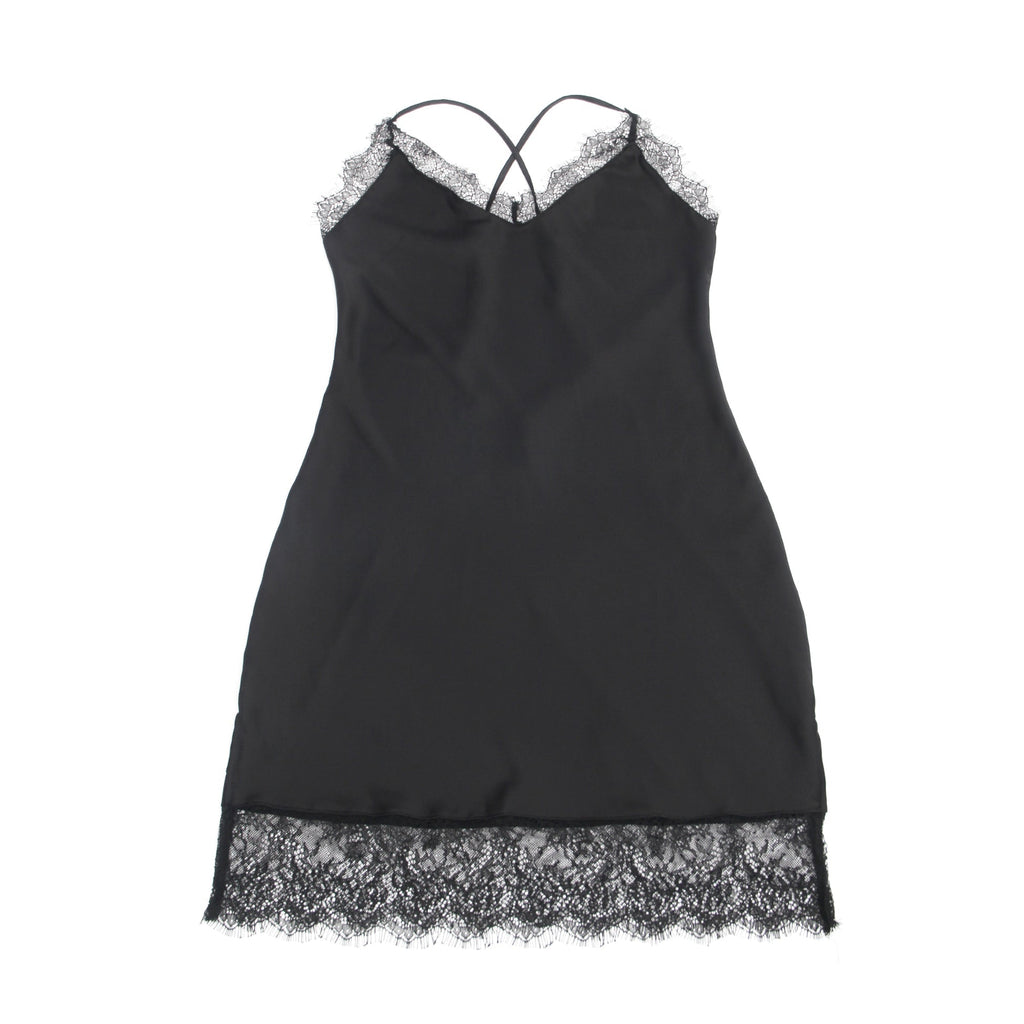 Black Satin - Finish Eyelash Lace V - Neck Nightgown – Crisscross Halter Back & Side Slits - TeaseFashion