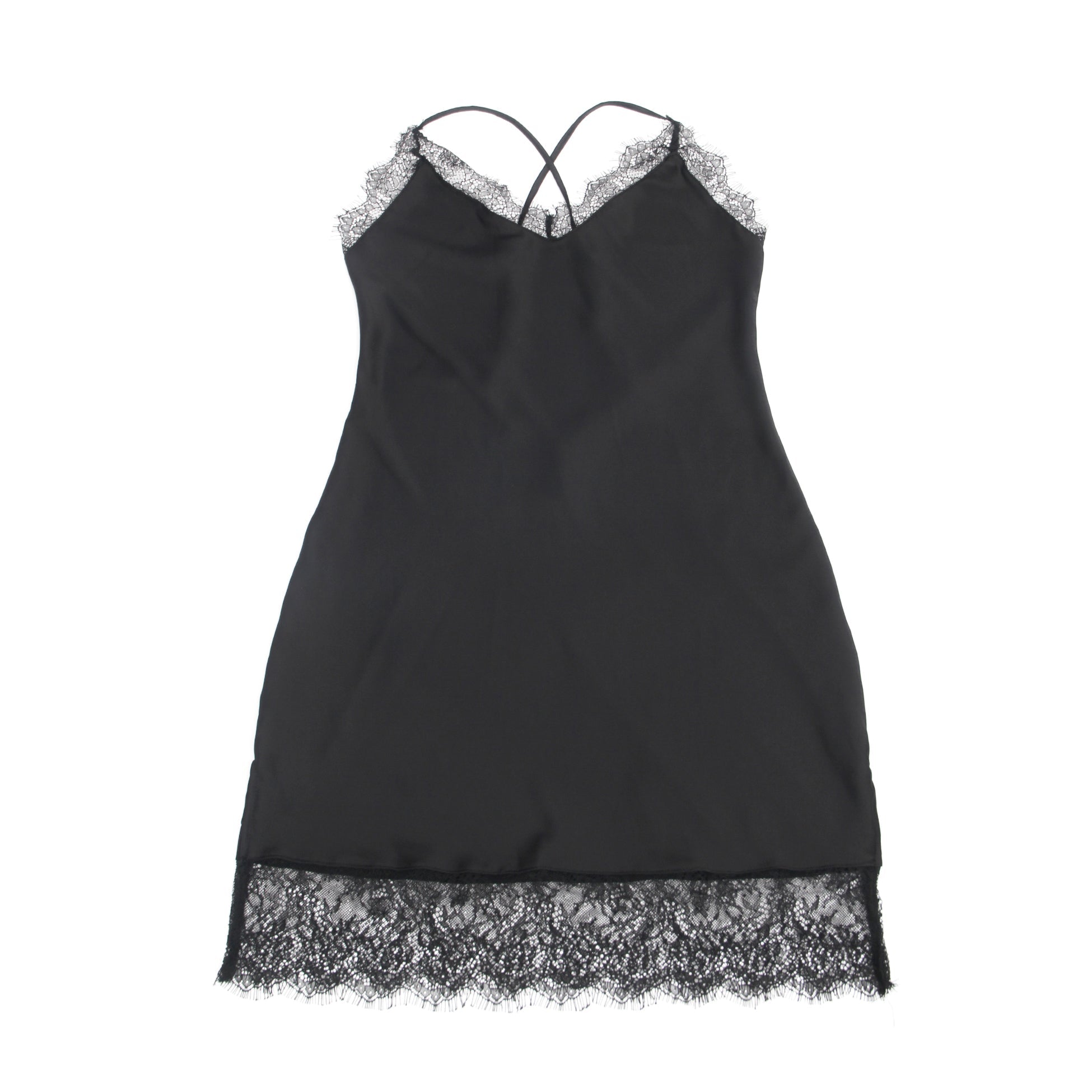 Black Satin - Finish Eyelash Lace V - Neck Nightgown – Crisscross Halter Back & Side Slits - TeaseFashion