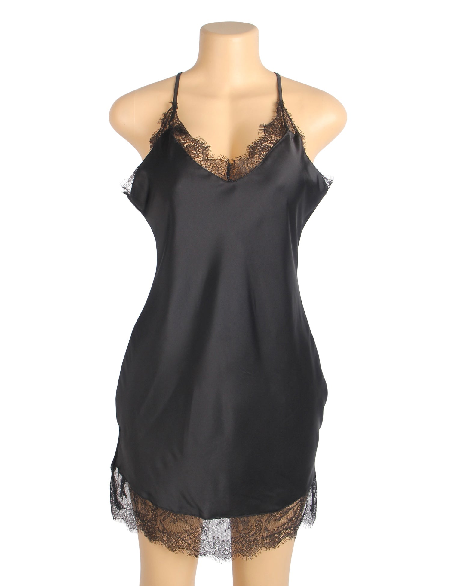 Black Satin - Finish Eyelash Lace V - Neck Nightgown – Crisscross Halter Back & Side Slits - TeaseFashion