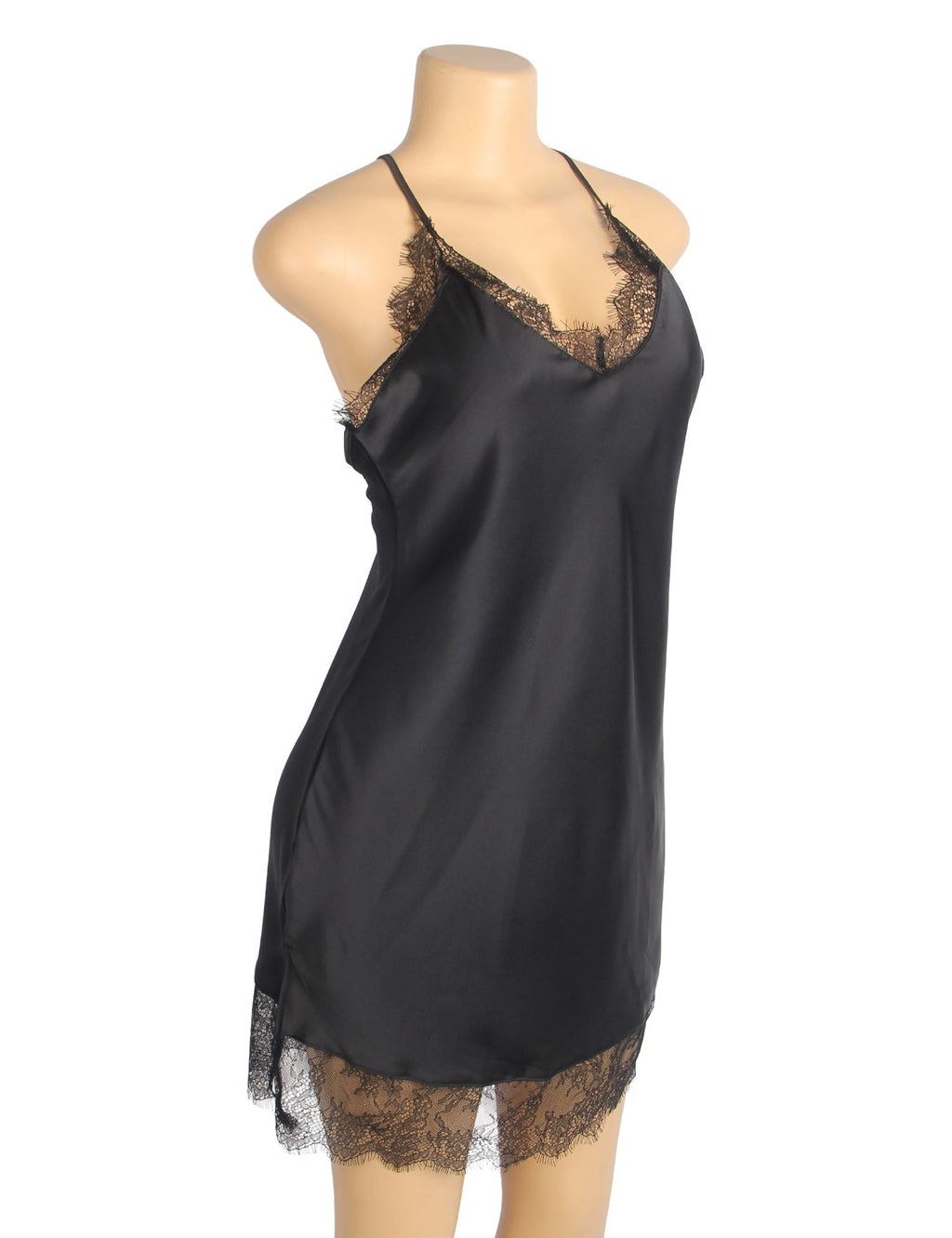 Black Satin - Finish Eyelash Lace V - Neck Nightgown – Crisscross Halter Back & Side Slits - TeaseFashion